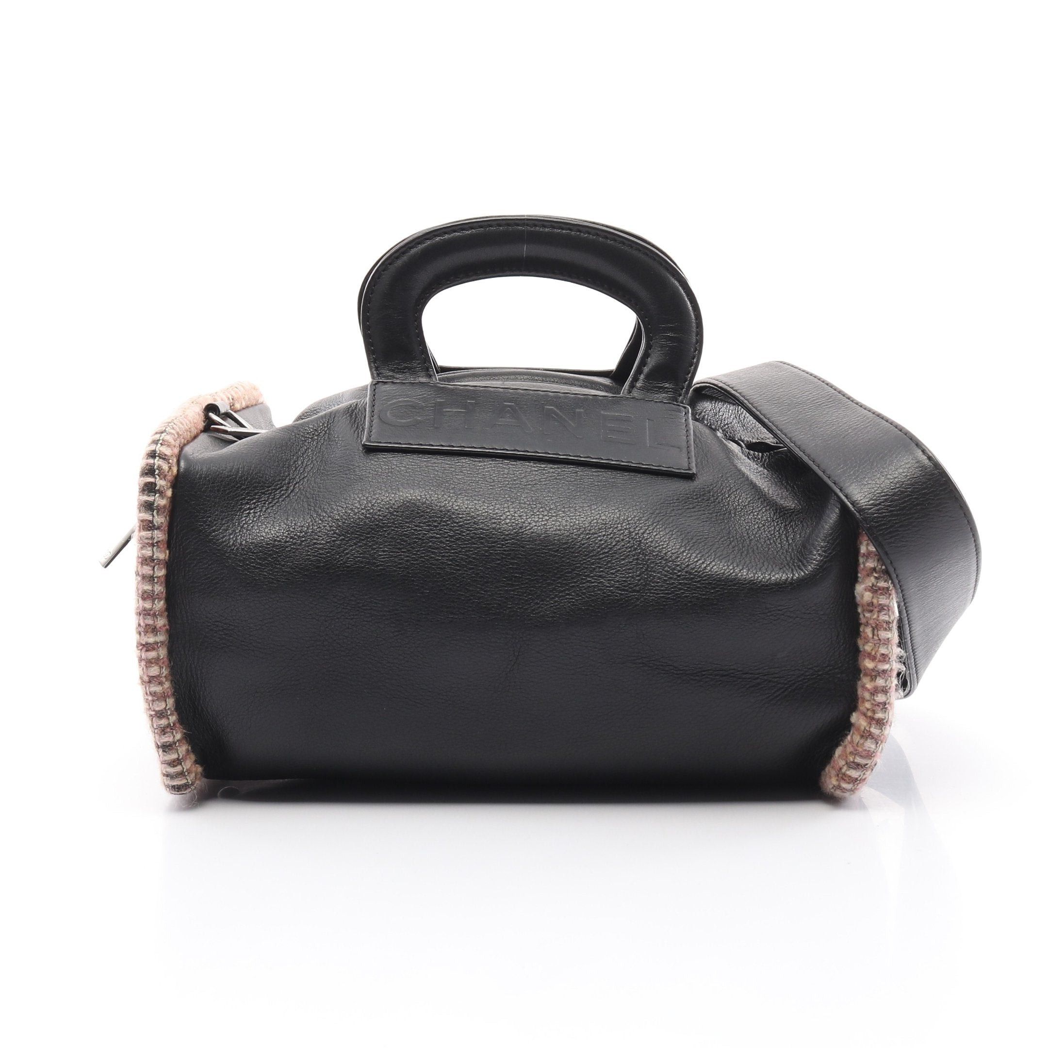 Chanel Handbag Embossed Logo Leather Tweed Black Pink Silver Hardware