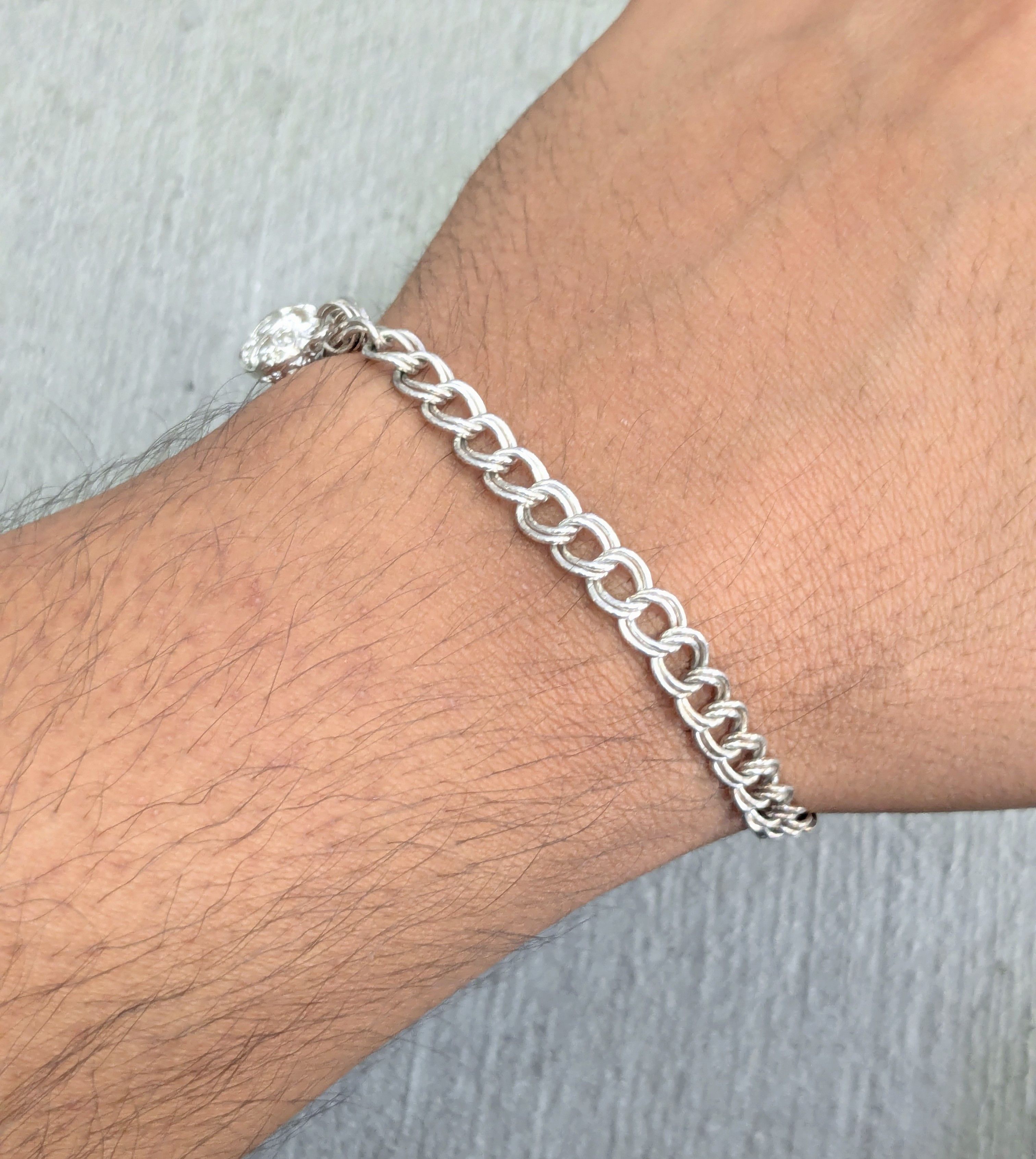 Jewelry Sterling Silver Bracelet Double Curb Heart Charm 7" Italy Size ONE SIZE - 10 Thumbnail