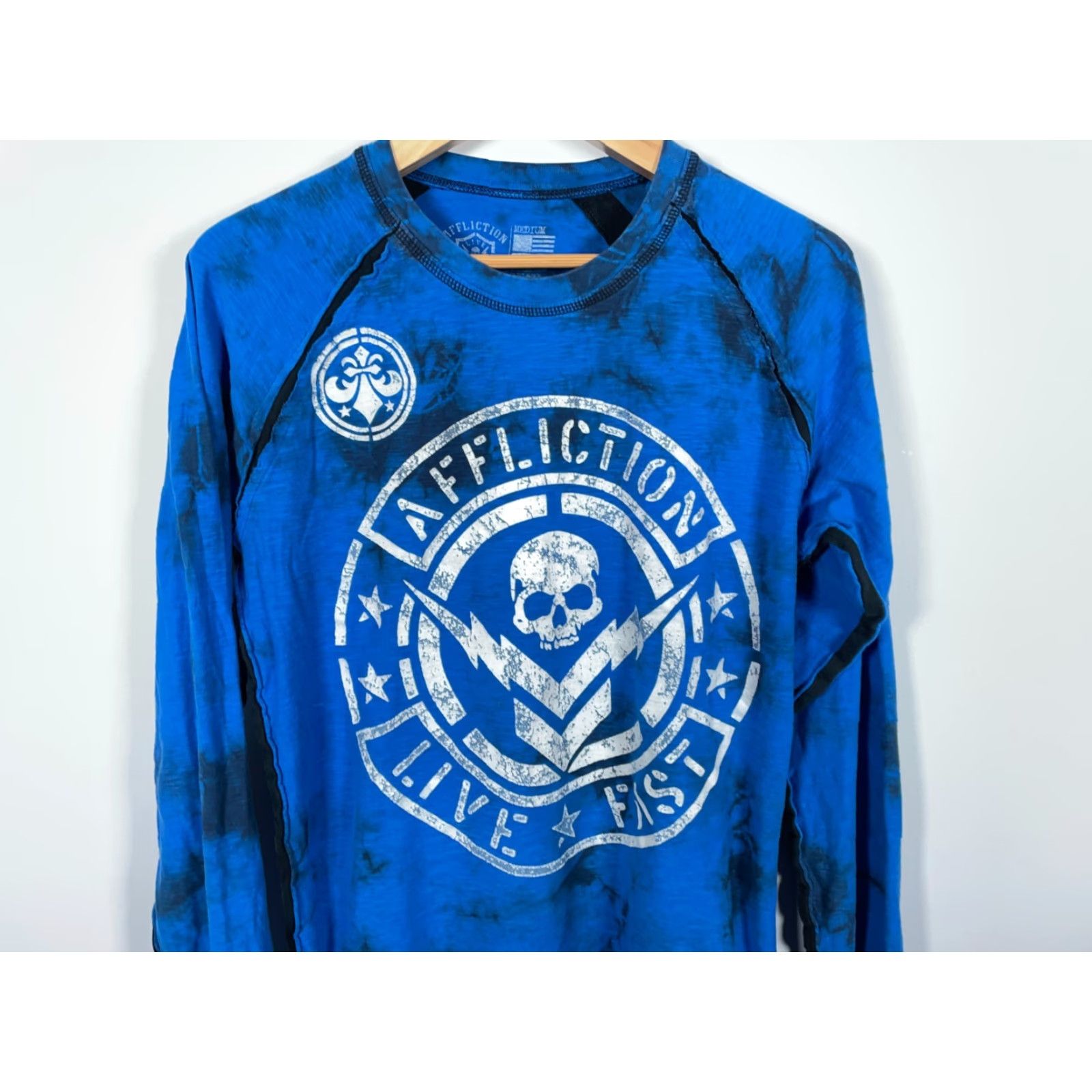 Affliction VINTAGE Affliction T-Shirt Mens Medium Blue Long Sleeve Graphic Print Skull Rock Tribal Double-Sided Raw Edges Y2K USA Made Size US M / EU 48-50 / 2 - 4 Thumbnail