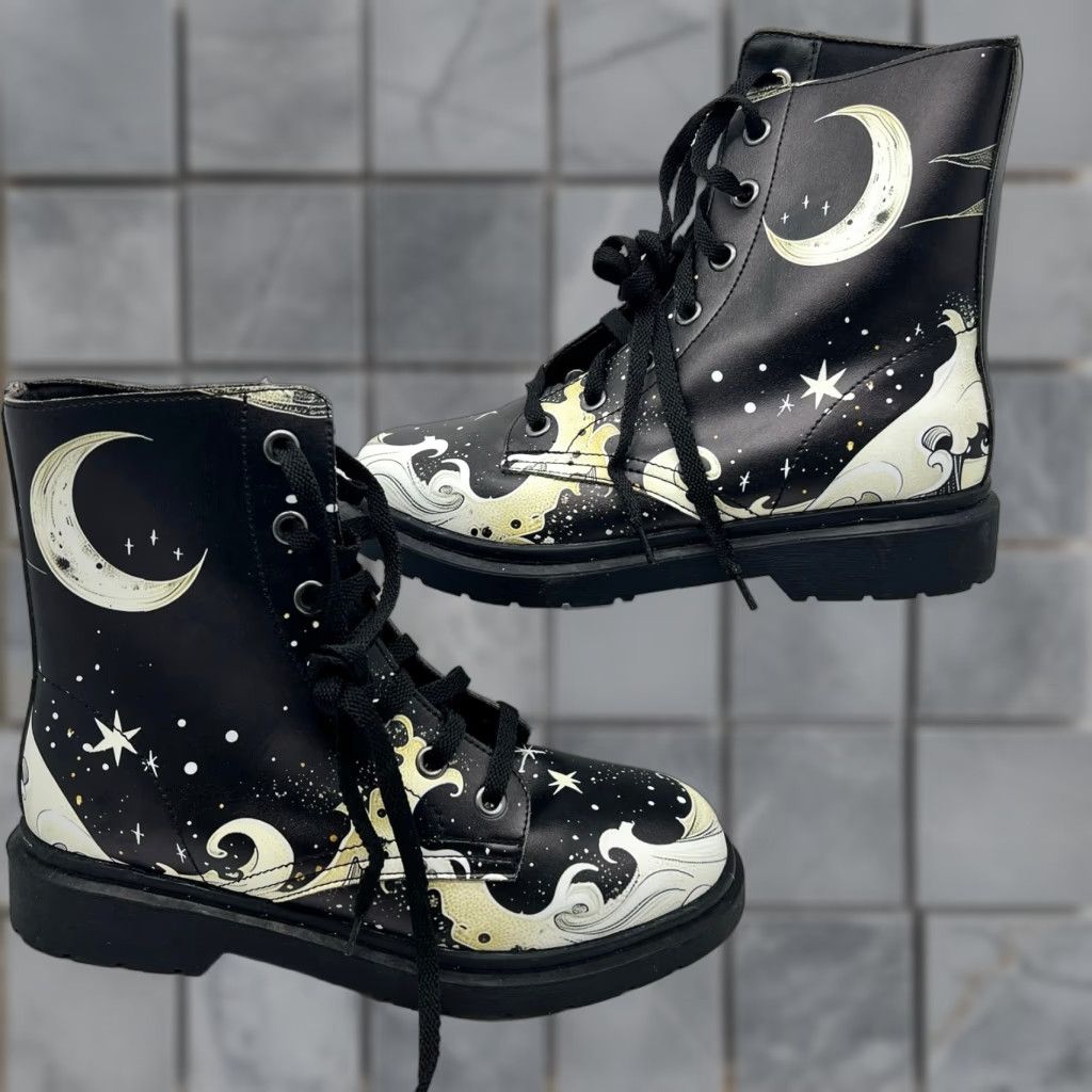 Vintage Rogue & Wolf Combat Boots 8.5 Lunar Tide Moon Stars Chunky Black Women US 8.5 Black Combat Boots Size US 9 / IT 39 - 1 Thumbnail