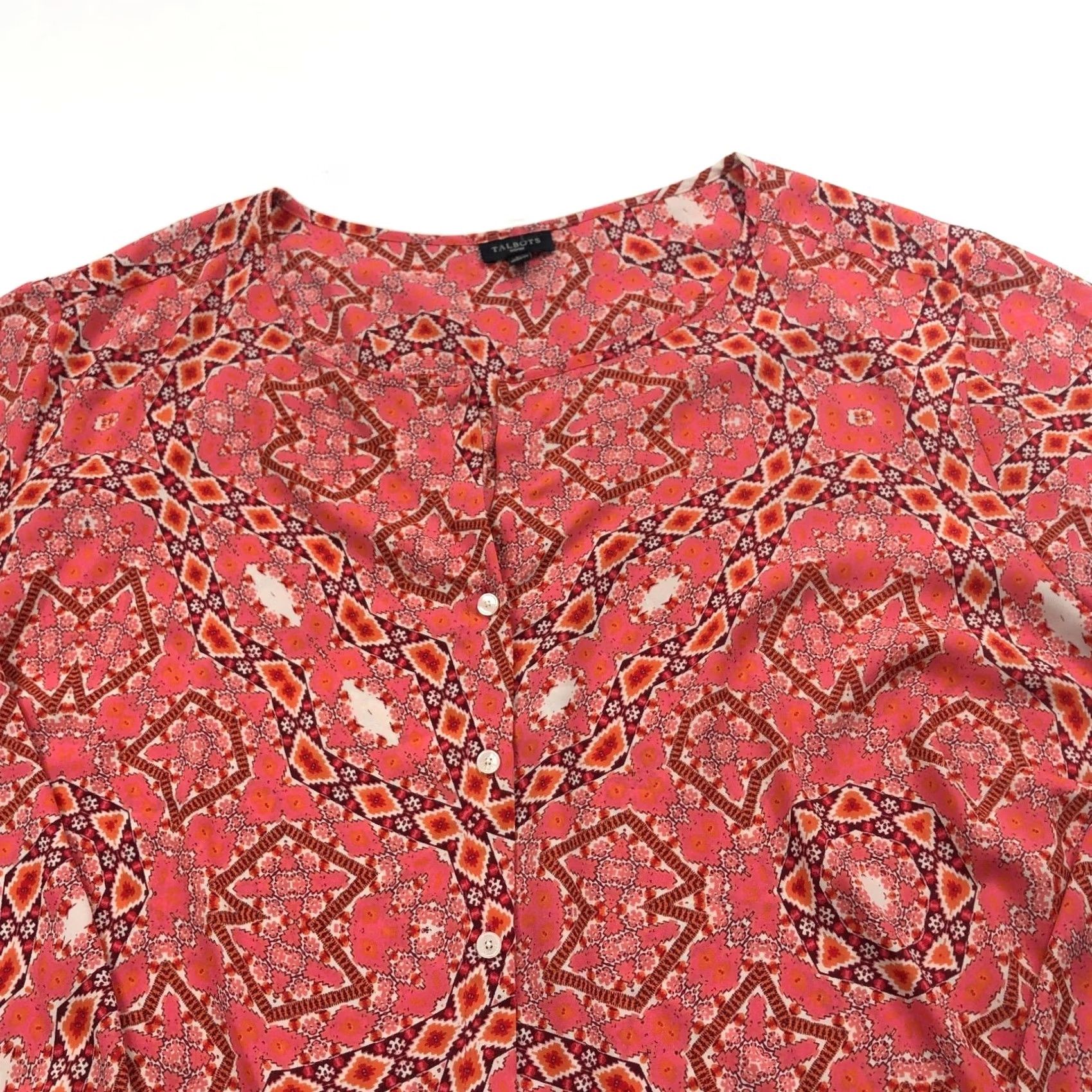 Talbots Talbots Plus 3X All Over Print Polyester Button Long Sleeve Shirt Orange Pink Womens Blouse Geometric Round Neck Casual Size XXL / US 16-18 / IT 52-54 - 4 Thumbnail