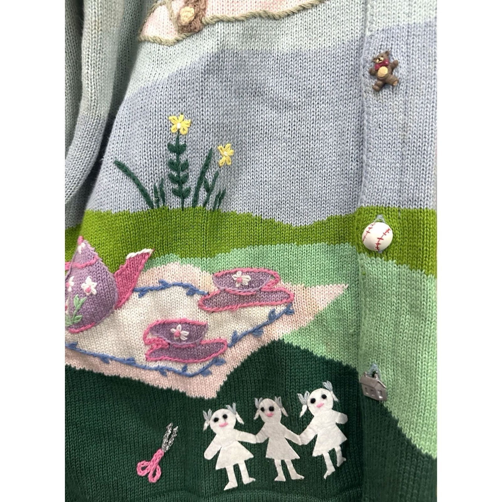 Vintage NWT VTG Storybook Knits Picnic Swing Park Tree AOP Kawaii Cardigan Sweater 1X Size XL / US 12-14 / IT 48-50 - 5 Thumbnail