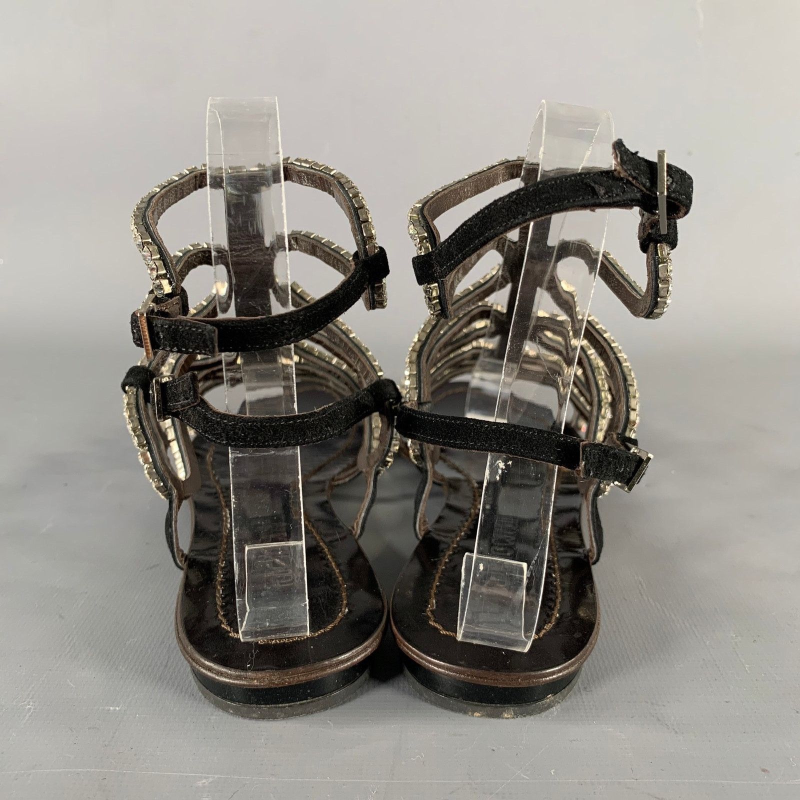 Roberto Cavalli Size 7 Black Rhinestone Leather Gladiator Sandals Size US 7 / IT 37 - 3 Thumbnail