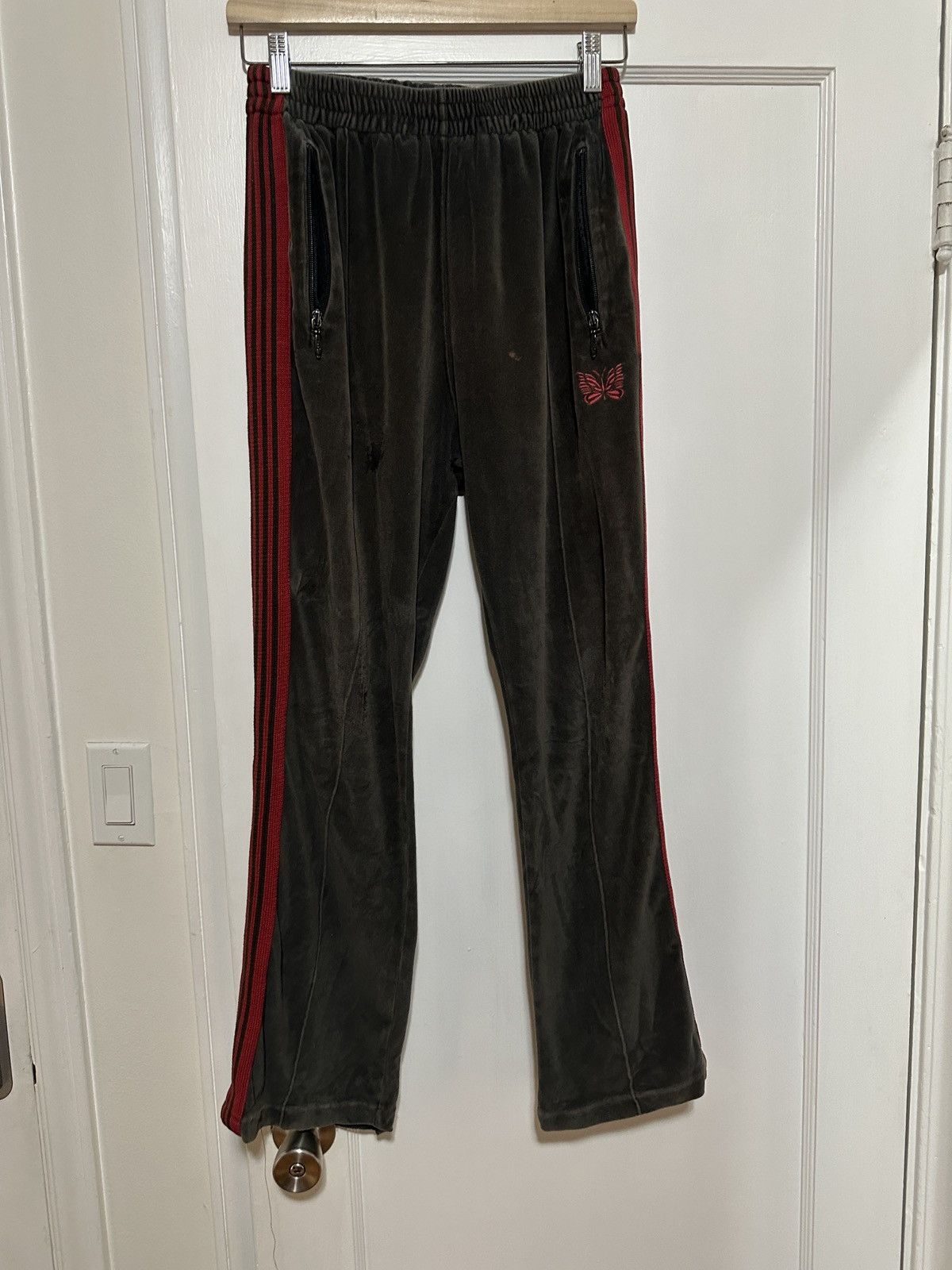 image of Needles Gray And Red Velour Track Pants in Grey, Men's (Size 30)