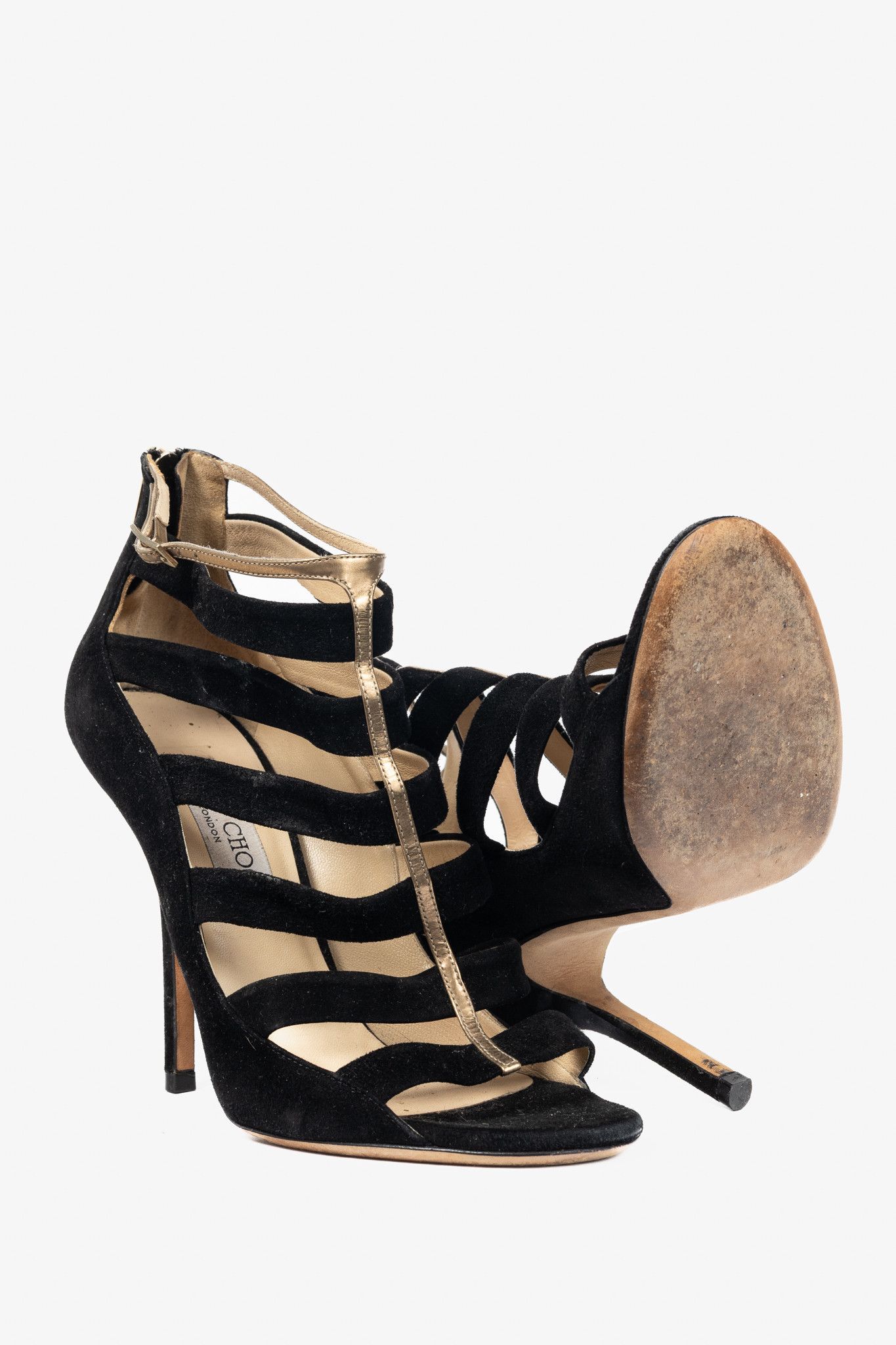 Jimmy Choo Jimmy Choo Fathom Black & Gold Suede Strappy Sandals Size US 7.5 / IT 37.5 - 4 Thumbnail