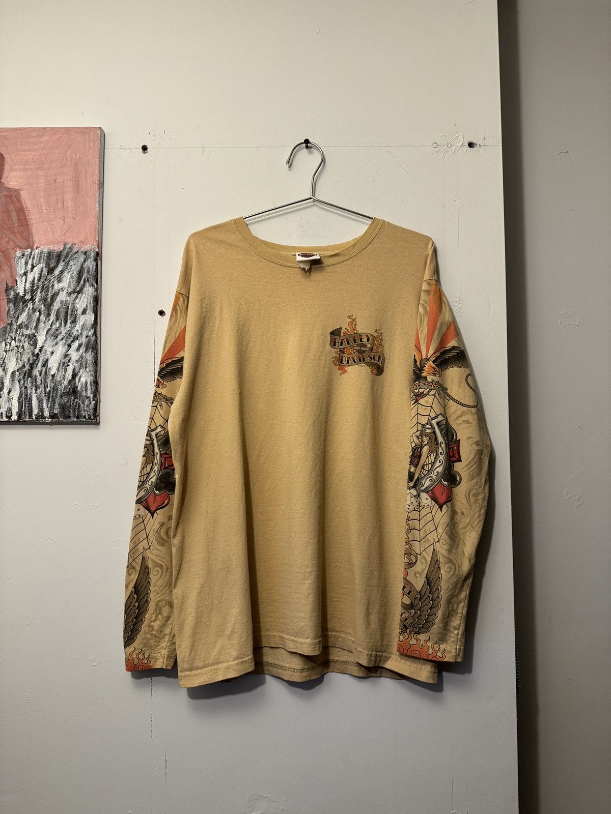 Image of Harley Davidson x Vintage Y2K Harley Tattoo Spiderweb Longsleeve Shirt XL in Tan, Men's