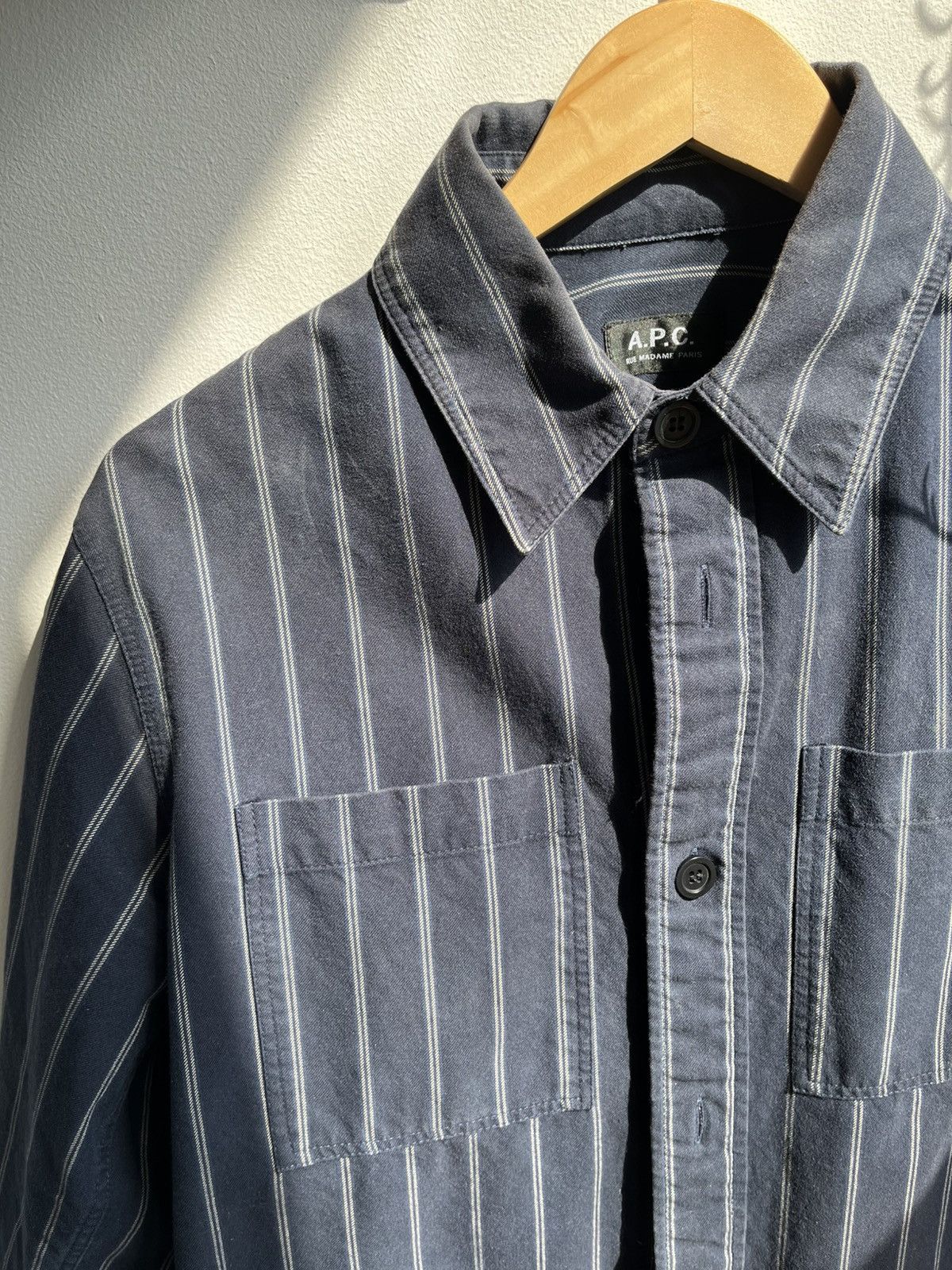 A.P.C. APC “New Bastian” blue/white striped overshirt Size US XS / EU 42 / 0 - 2 Thumbnail