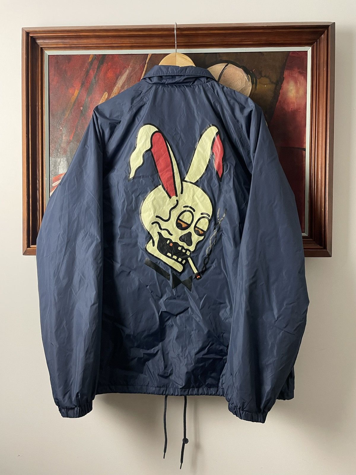 image of Rvca Coach Jacket Skate Avant Garde Skull Smoke Bunny Print in Blue, Men's (Size XL)