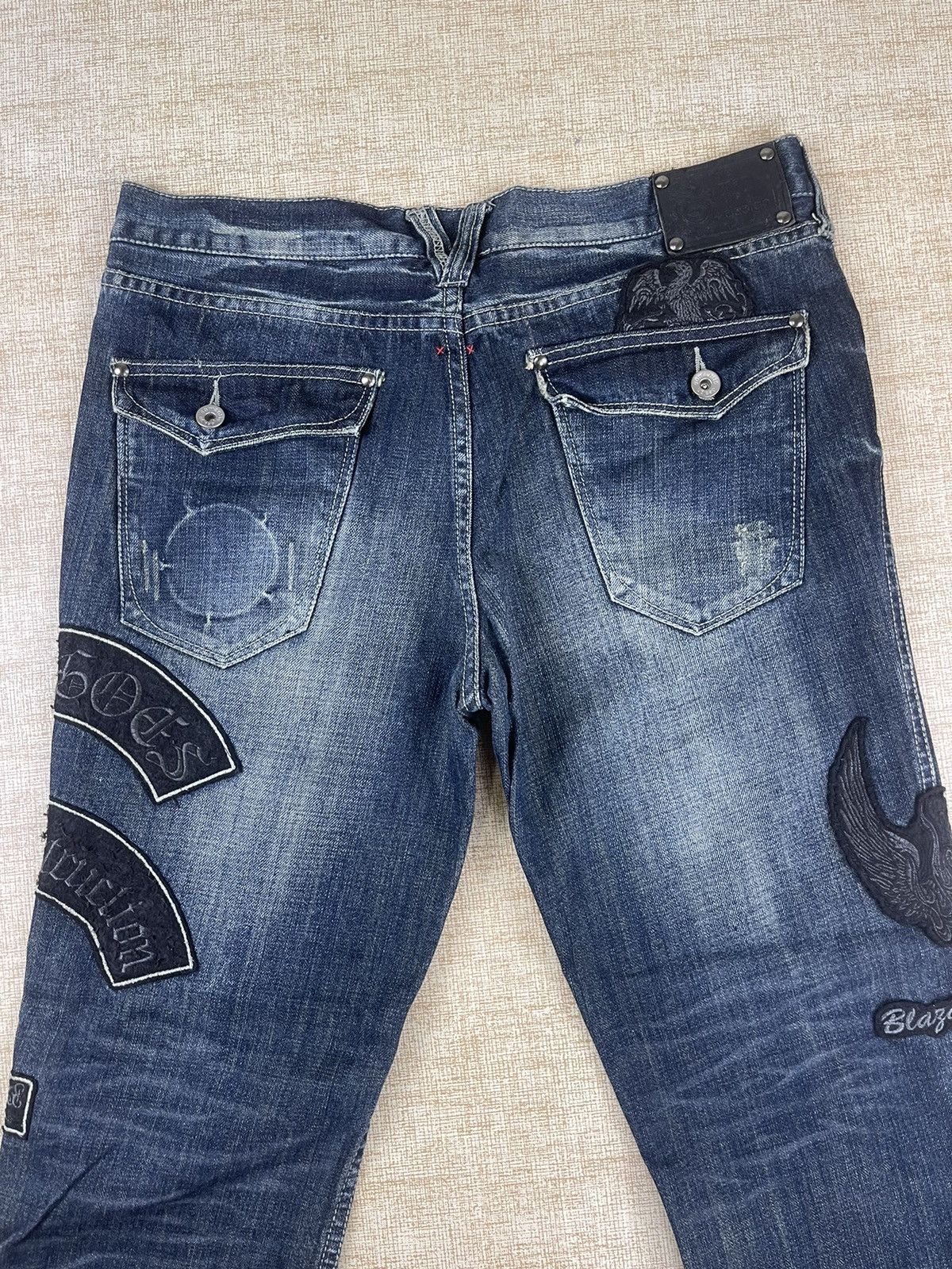 semanticdesign VINTAGE SEMANTIC DESIGN Punk Style Flared Patch Denim Pants Size US 34 / EU 50 - 13 Thumbnail