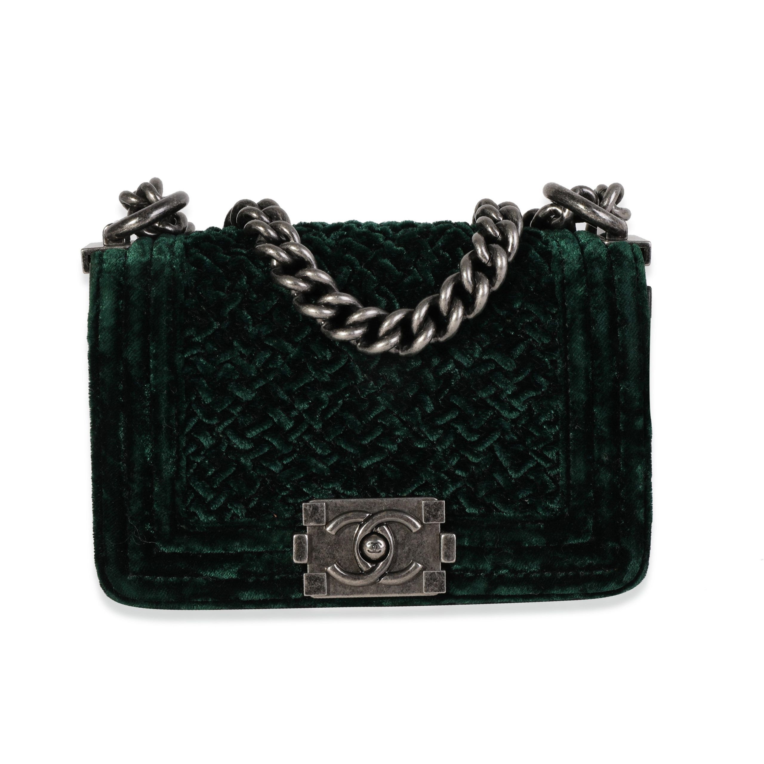 image of Chanel Pine Green Crushed Velvet Mini Boy Bag in Black, Women's