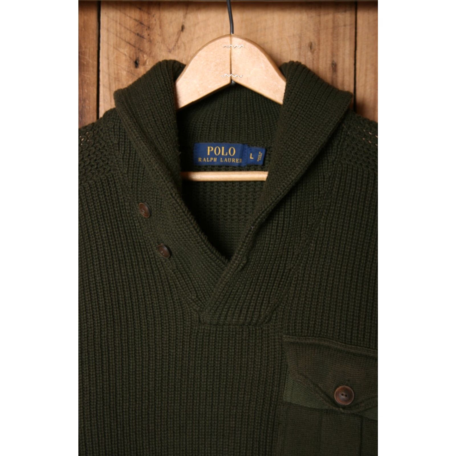 Polo Ralph Lauren VINTAGE Polo Ralph Lauren Green Rib Knit Rugby Military Shawl Collar Sweater Men's Sz. L Size US L / EU 52-54 / 3 - 2 Thumbnail