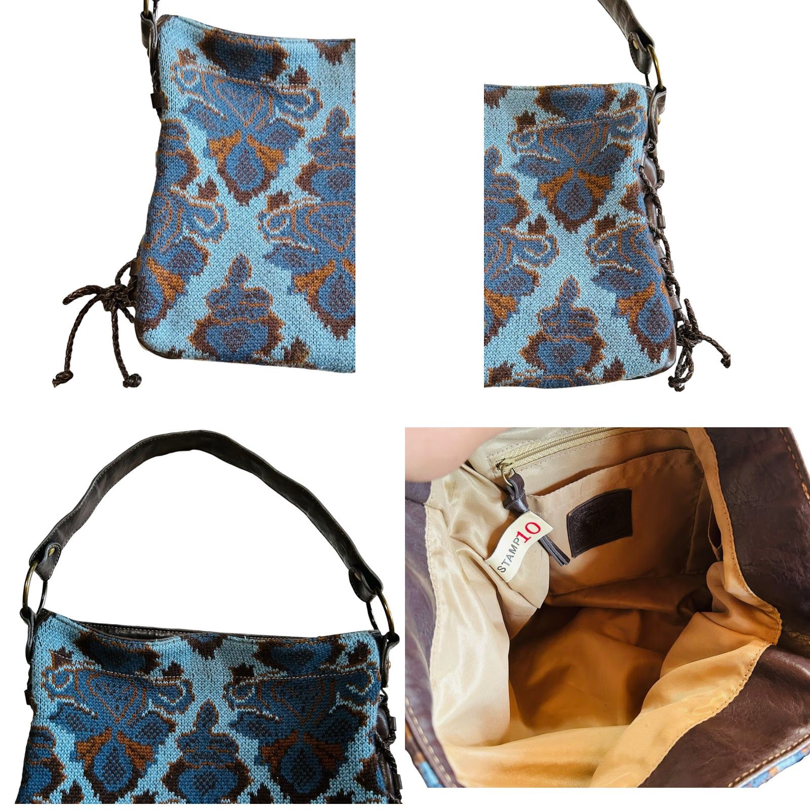 Vintage Stamp 10 Women Fabric &Faux Leather Purse Shoulder Handbag Blue &Brown Bohemian Bag Shoulder Brown &Blue Paisley 11x13in 10in Strap Women’s Handbag Size ONE SIZE - 10 Thumbnail