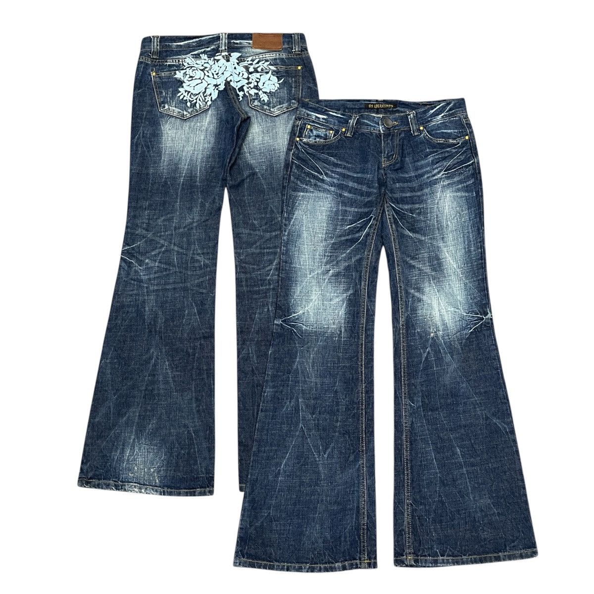 Japanese Brand Flared Pant Bluevirus Flower Embroidery Ifsix Lgb Style Size US 31 - 1 Thumbnail