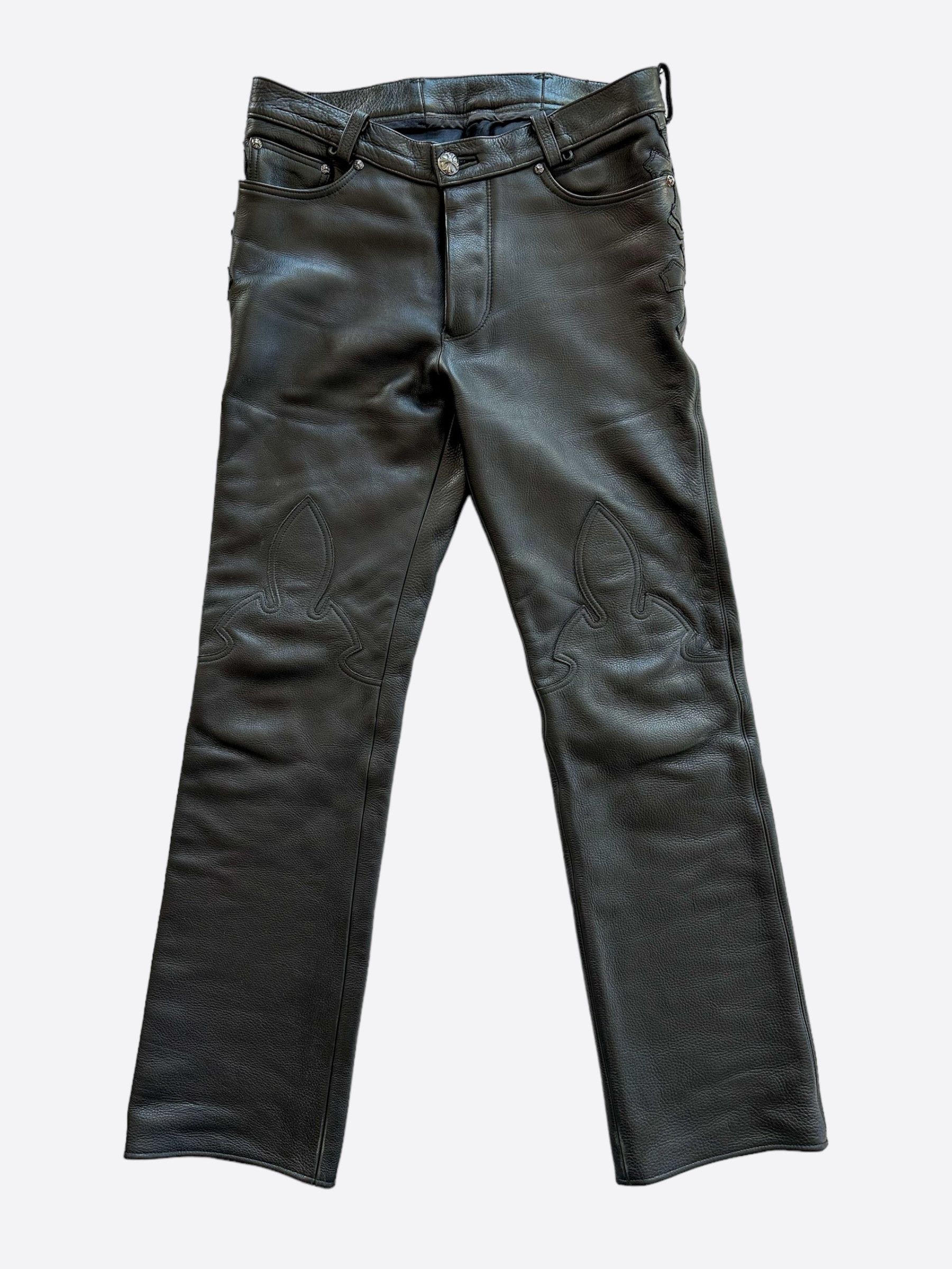 image of Chrome Hearts Black Leather Cross Patch Fleur Pants, Men's (Size 34)