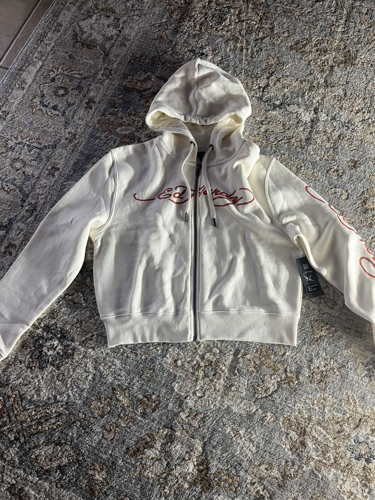 IVORY ED HARDY CROPPED GRAPHIC HOODIE NWT M - Main Image