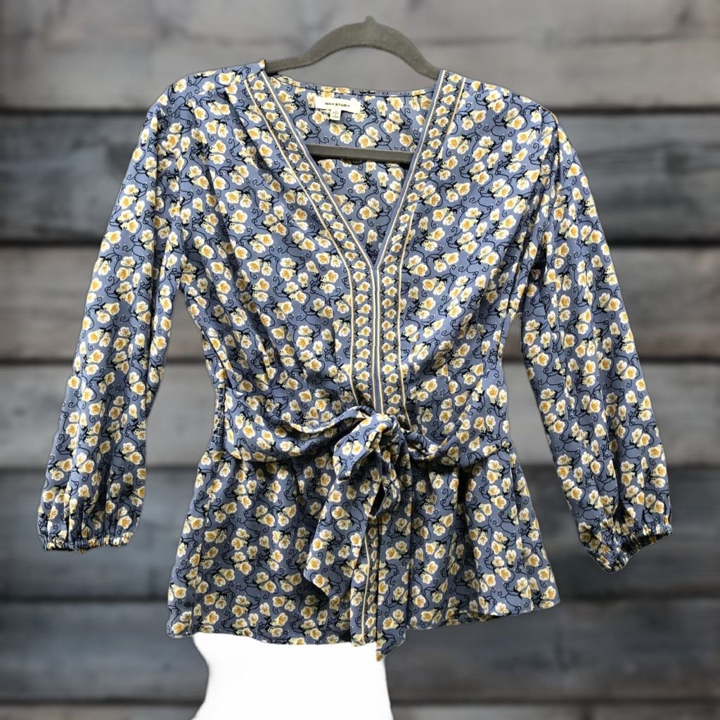 Vintage Max Studio Blouse Womens S Blue Floral Tie Waist V-Neck 3/4 Sleeve Crepe Size S / US 4 / IT 40 - 1 Thumbnail