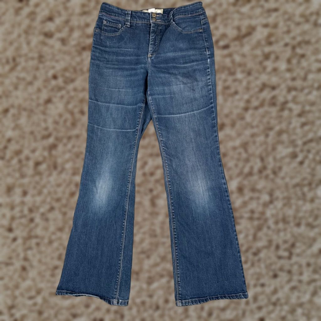 Denime Sonoma Jeans Womens 10 Blue Denim Flared Mid Rise 28x29 Cotton Stretch Jeans - City Theme, 5-Pocket, Dark Wash, Regular Size 32" / US 10 / IT 46 - 1 Thumbnail