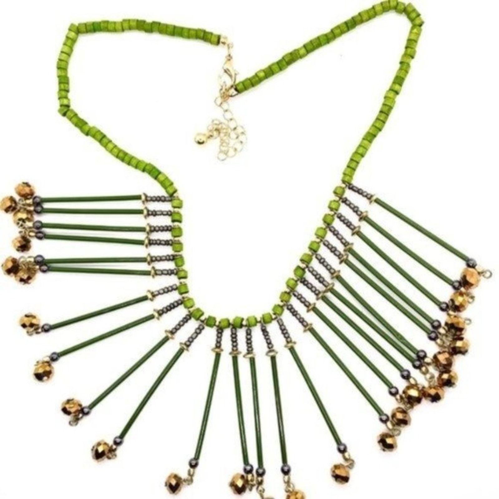 Handmade Green Bronze Wood Bib Style Necklace & Earring set Size ONE SIZE - 5 Thumbnail