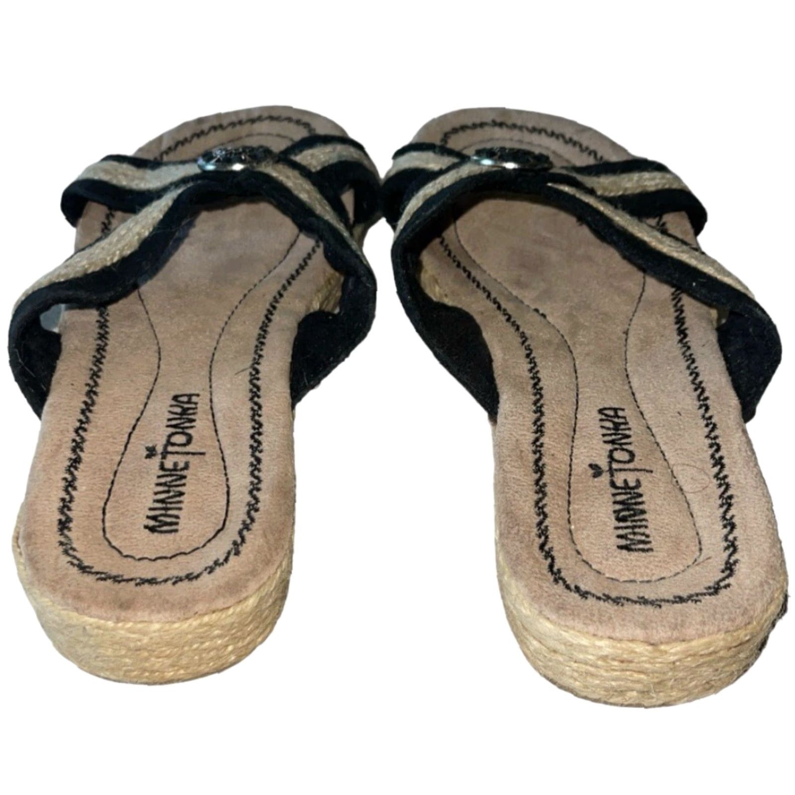 Minnetonka Minnetonka Sandal Women's Espadrille Leather Upper Black Tan Size 7 Flat Criss Cross Comfort Footwear Size US 7 / IT 37 - 6 Thumbnail