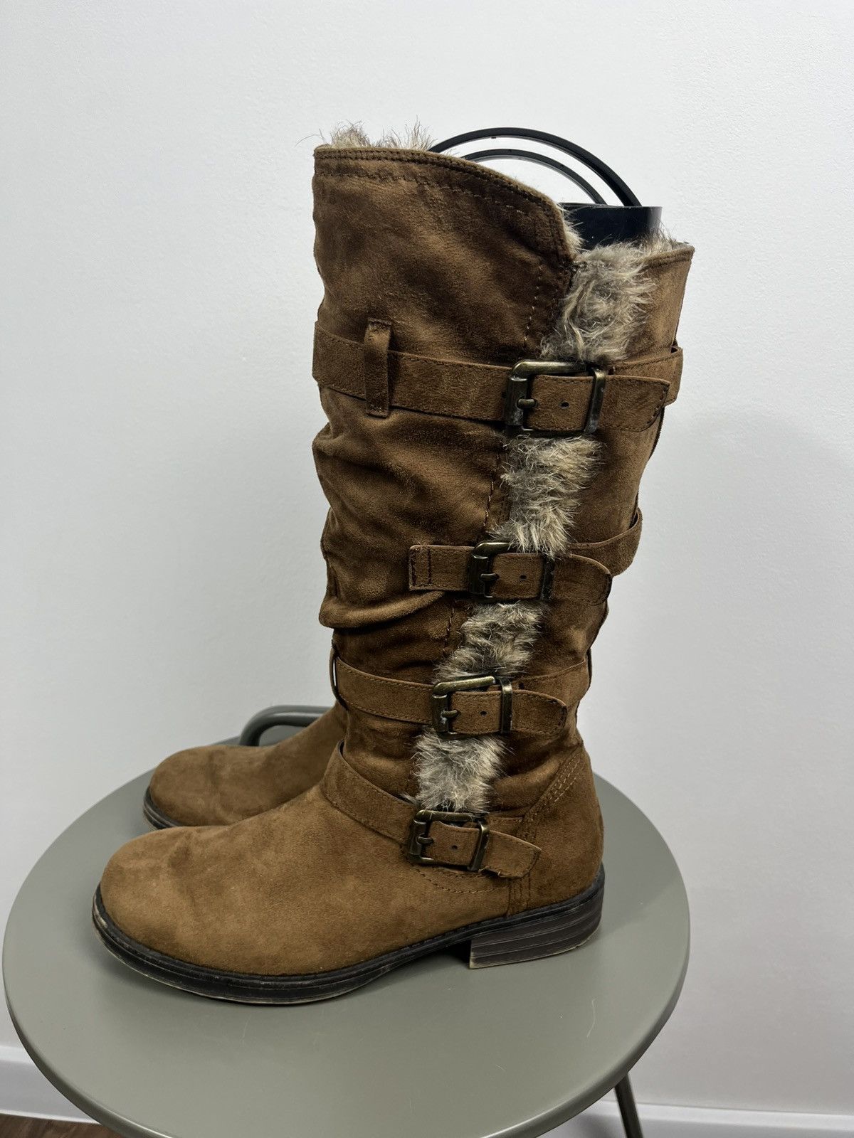Other Women’s Suede Buckle Knee High Boots Faux Fur Biker EU 40 Size US 9 / IT 39 - 5 Thumbnail