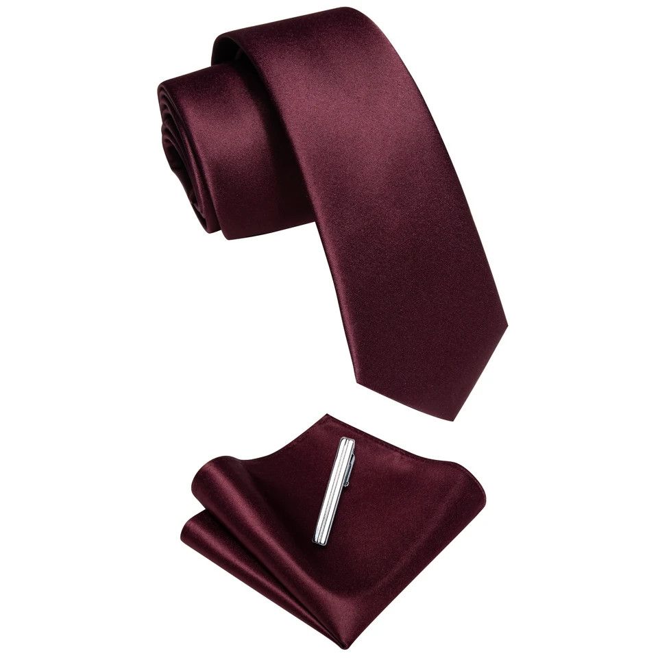 Japanese Brand Luxury Skinny Solid Burgundy Neck Tie Set Mens Size ONE SIZE - 3 Thumbnail