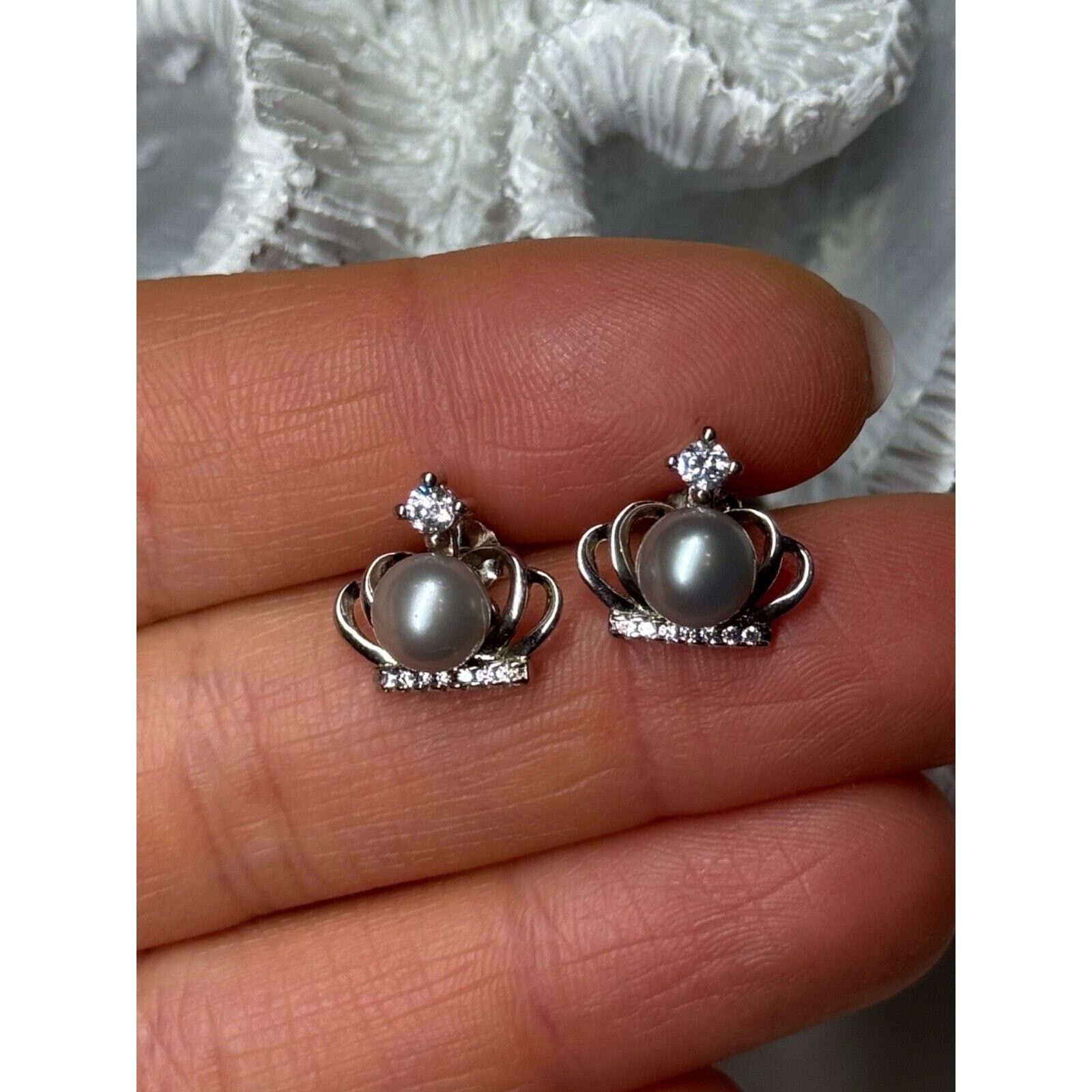 Jewelry 925 STERLING SILVER PEARL CROWN EARRINGS LENGTH 0.5 INCH Size ONE SIZE - 10 Thumbnail