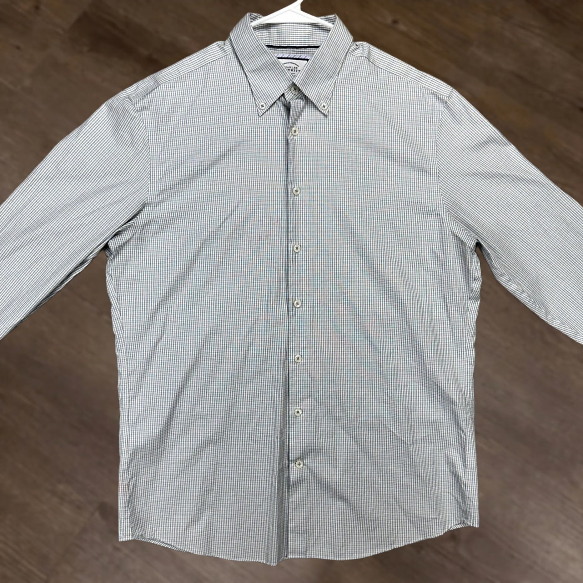 Charles Tyrwhitt Charles Tyrwhitt Mens Dress Shirt Green Blue Plaid Slim Fit Long Sleeve 17-37 Button-Down Collared Shirt Mens Size 46R - 1 Thumbnail