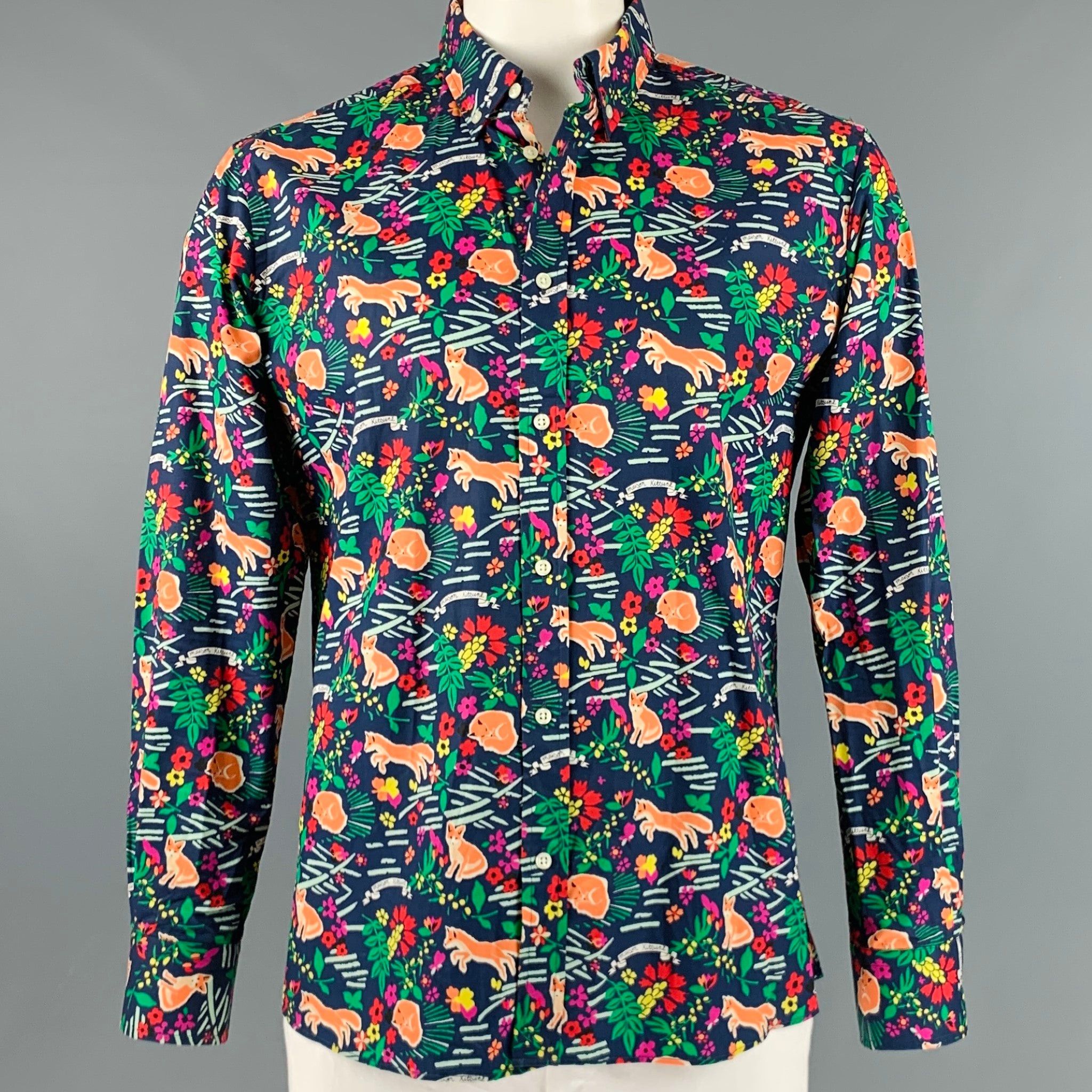 image of Maison Kitsune Navy Multicolor Print Cotton Long Sleeve Shirt, Men's (Size Large)