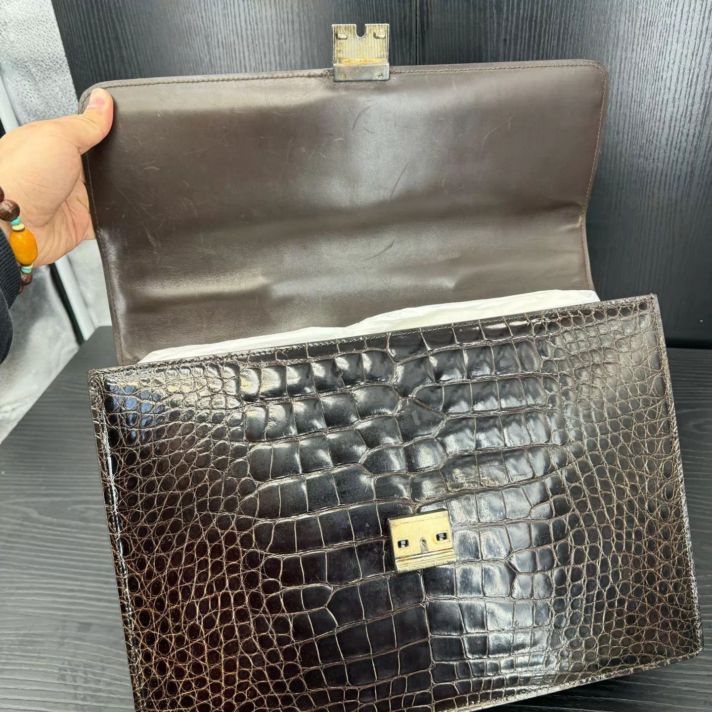 Ermenegildo Zegna Zegna Glossy Ebony Crocodile Briefcase 39X28X6cm Size ONE SIZE - 3 Thumbnail
