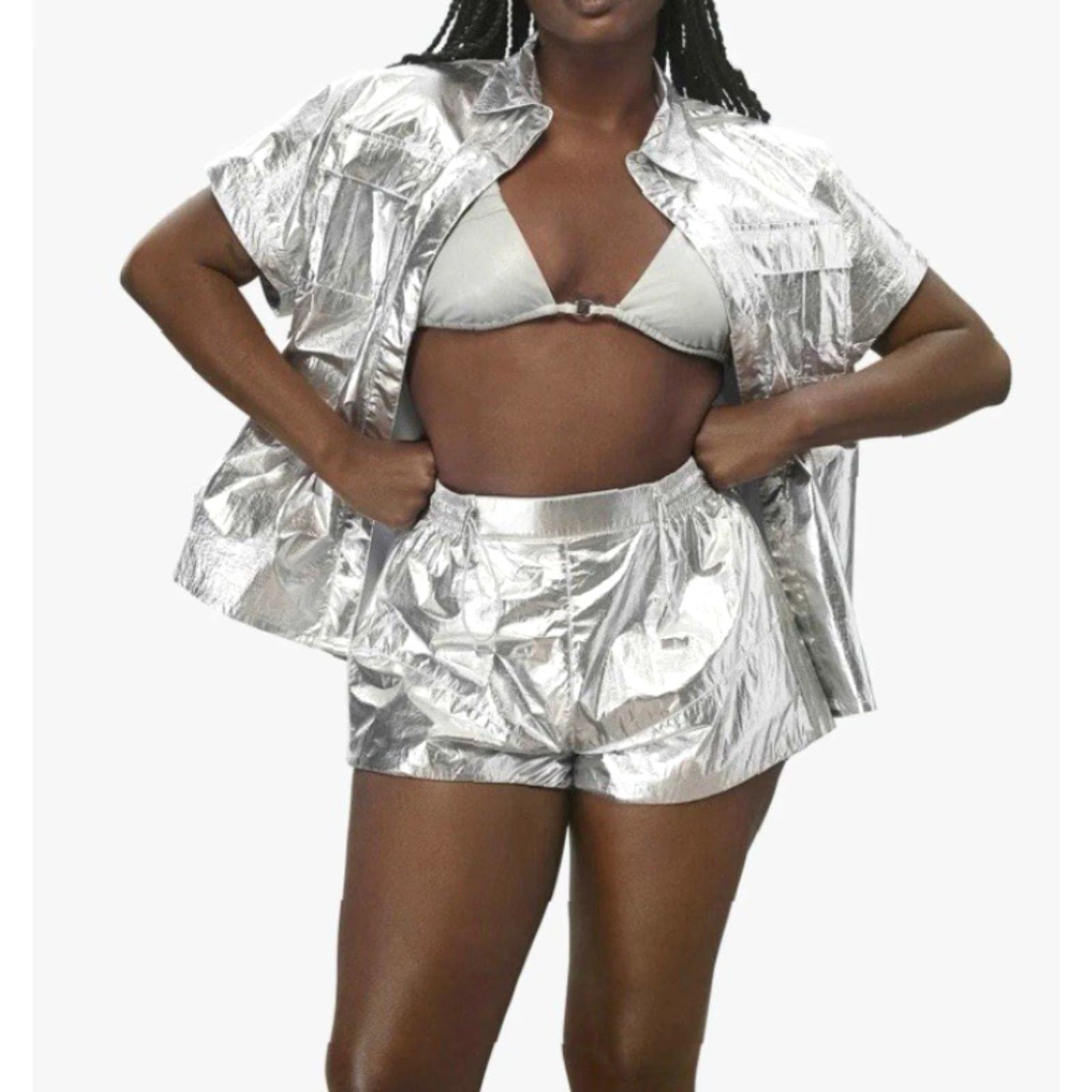 Adidas NWT Adidas Ivy Park Silver Metallic Sincher Shorts Shirt Set XXL Shirt Adult 2XL Silver Athletic Gym Running Womens Size XXL / US 16-18 / IT 52-54 - 2 Thumbnail