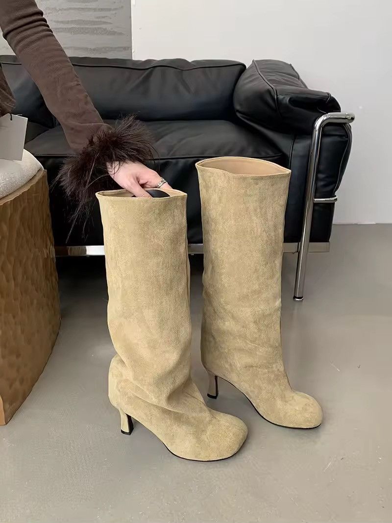 Street Style Knee High Western Heel Shoes Vintage Y2K Boots in Beige, Women's (Size 7)