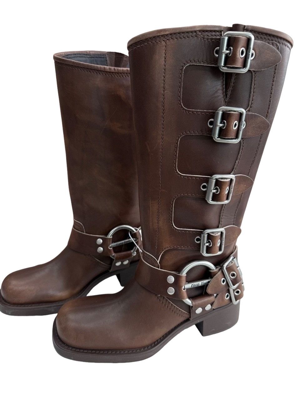 Miu Miu Miu Miu Brown Leather Buckled Motorcycle Boots Size 38.5 Size US 8.5 / IT 38.5 - 1 Thumbnail