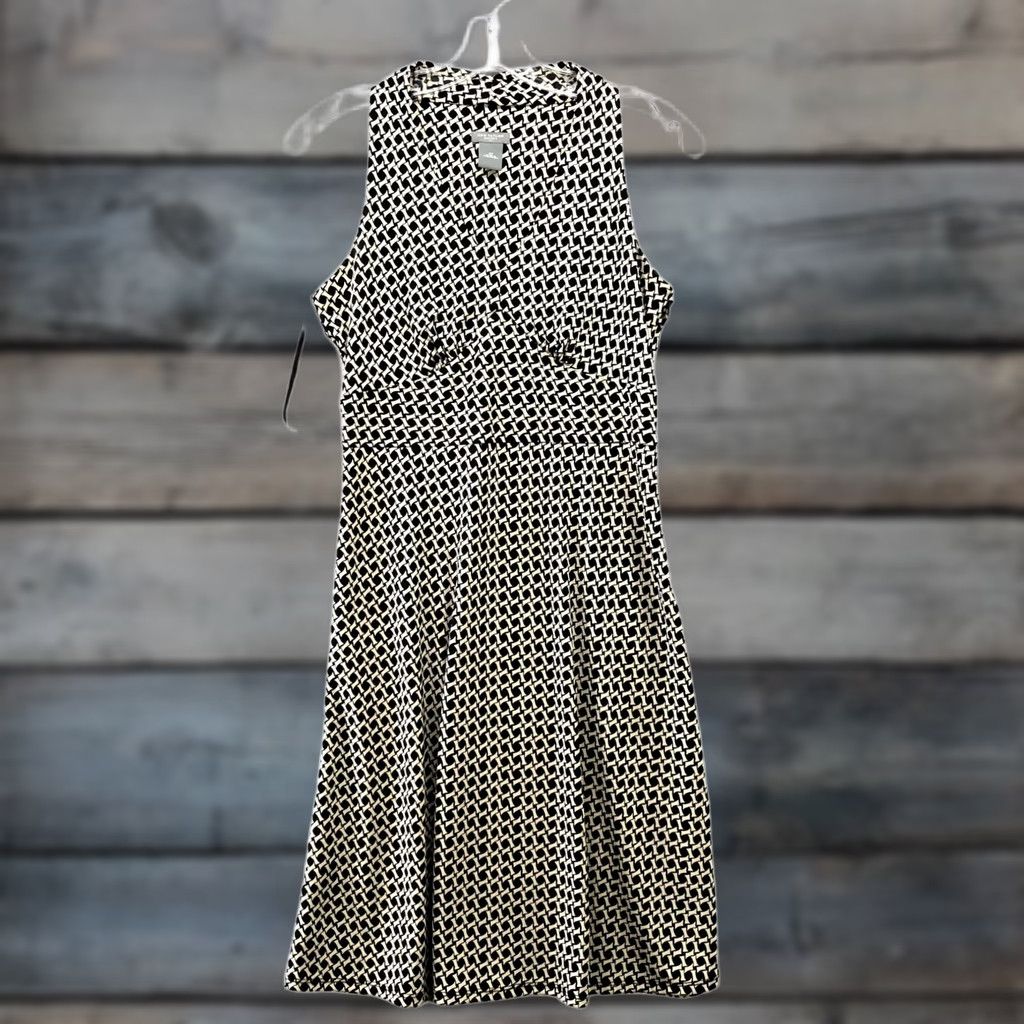 Ann Taylor VINTAGE? No. Ann Taylor Sleeveless Dress Womens 2P V-Neck Black Beige Geometric Print Midi Size XS / US 0-2 / IT 36-38 - 1 Thumbnail