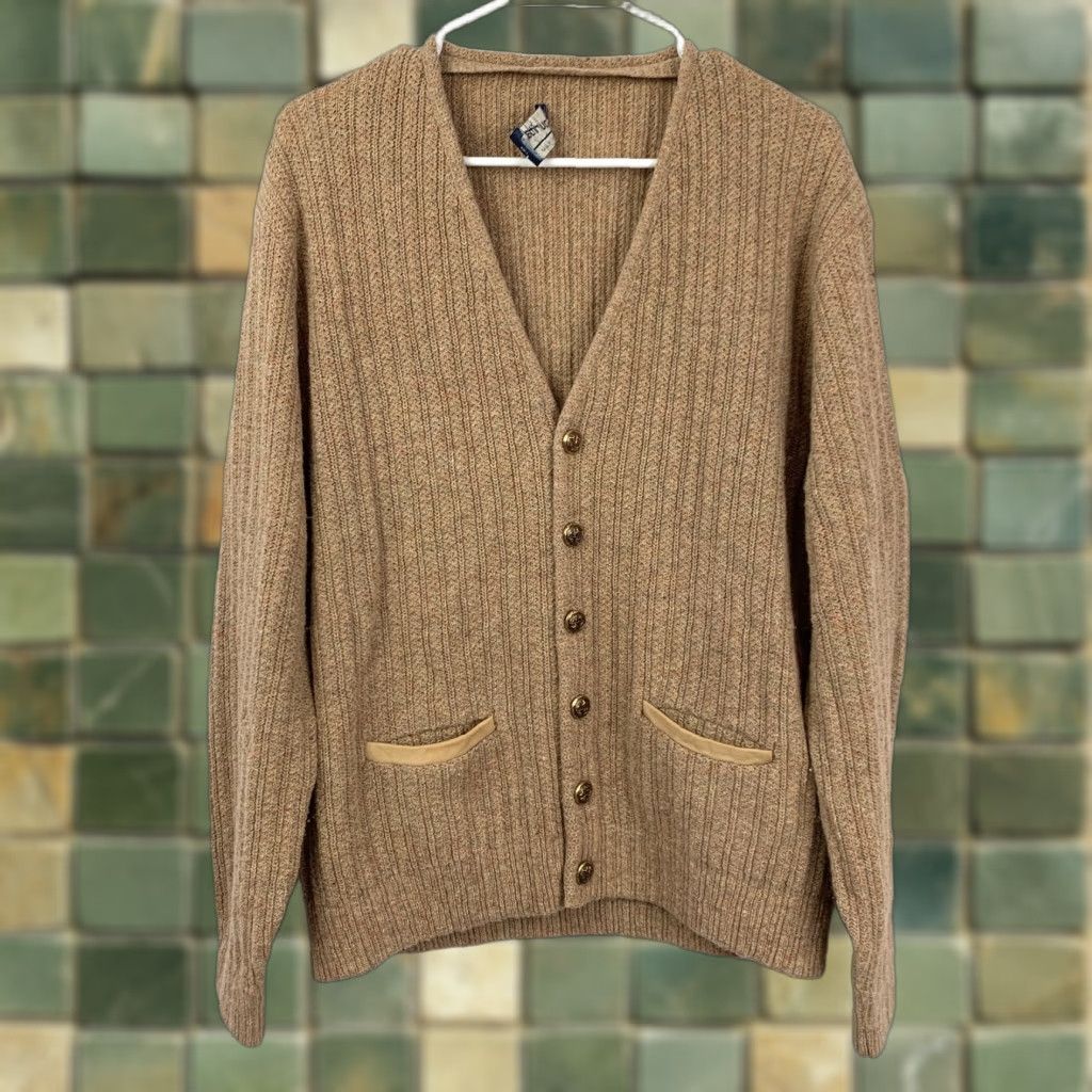Vintage VINTAGE Puritan Sweater Adult Large Tan Brown Heathered Ribbed V-Neck Cardigan 60s Mens Size US L / EU 52-54 / 3 - 1 Thumbnail