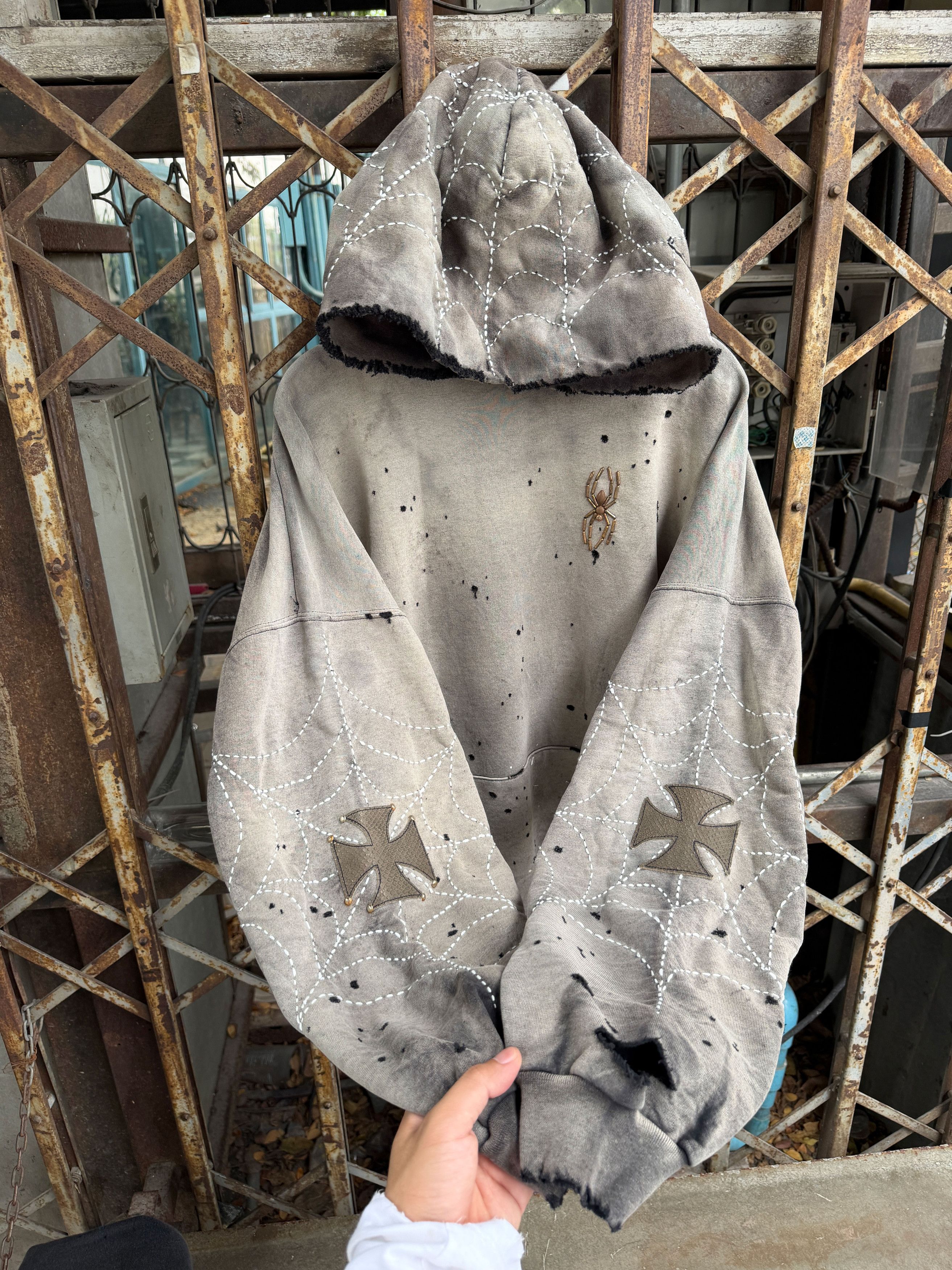 Japanese Brand XXL* Thrashed & Faded Sashiko Spider Web Hoodie Size US XXL / EU 58 / 5 - 2 Thumbnail