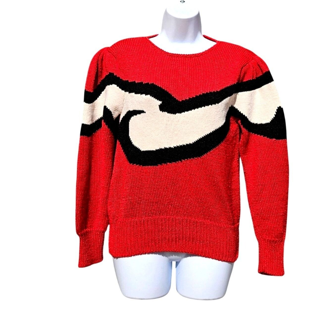 Vintage Vintage 80s Red Black Ivory Wave Knit Puff Shoulder Sweater Size S / US 4 / IT 40 - 12 Thumbnail