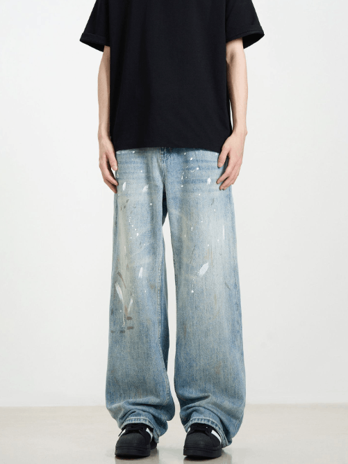 Japanese Brand Men's ink-splashed vintage washed loose casual jeans Size US 32 / EU 48 - 2 Thumbnail