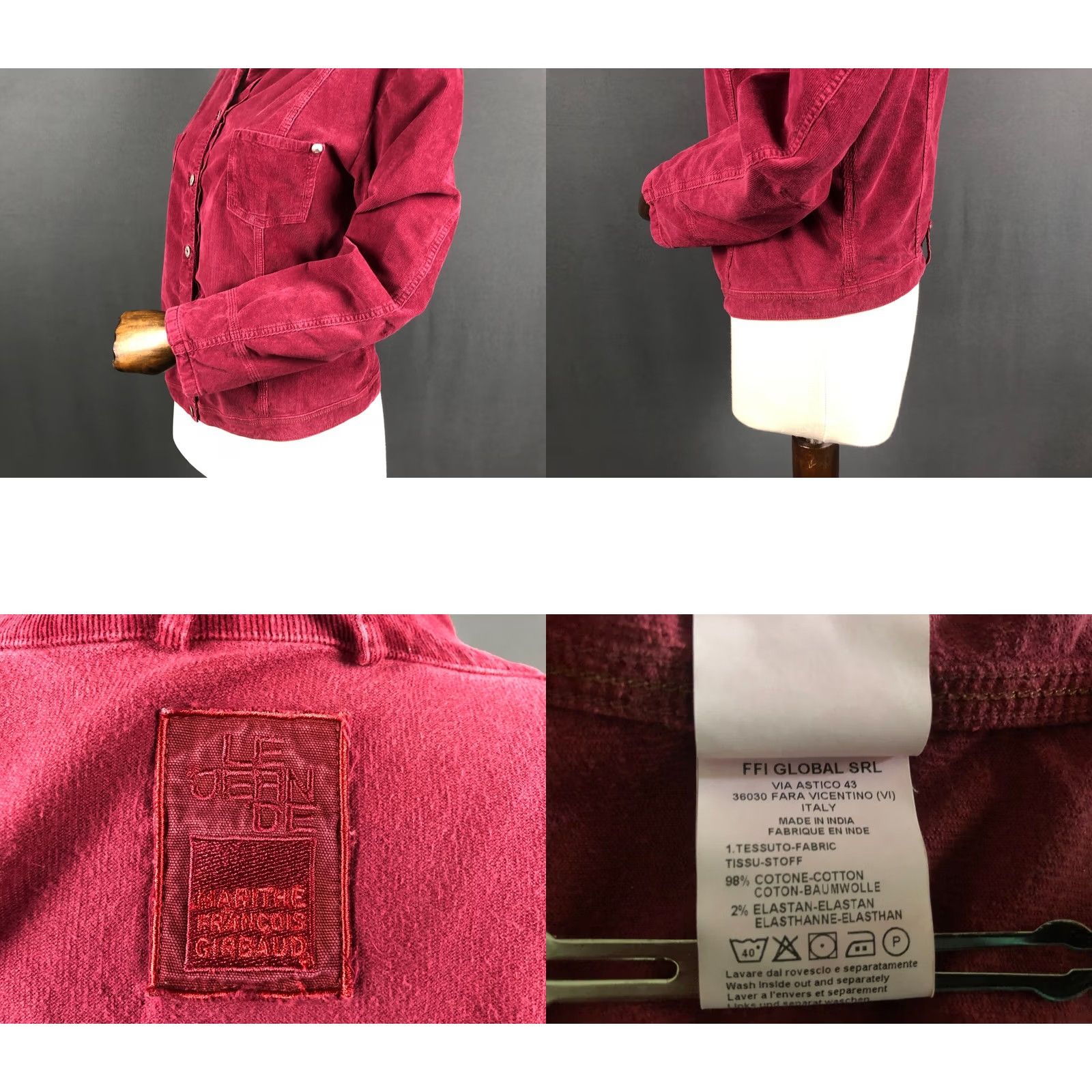 Vintage Le Jean De Marithé + François Girbaud Jacket Burgundy Women XL Cotton Velvet Short Sleeve Chest Pockets Size 40" / US 18 - 8 Thumbnail