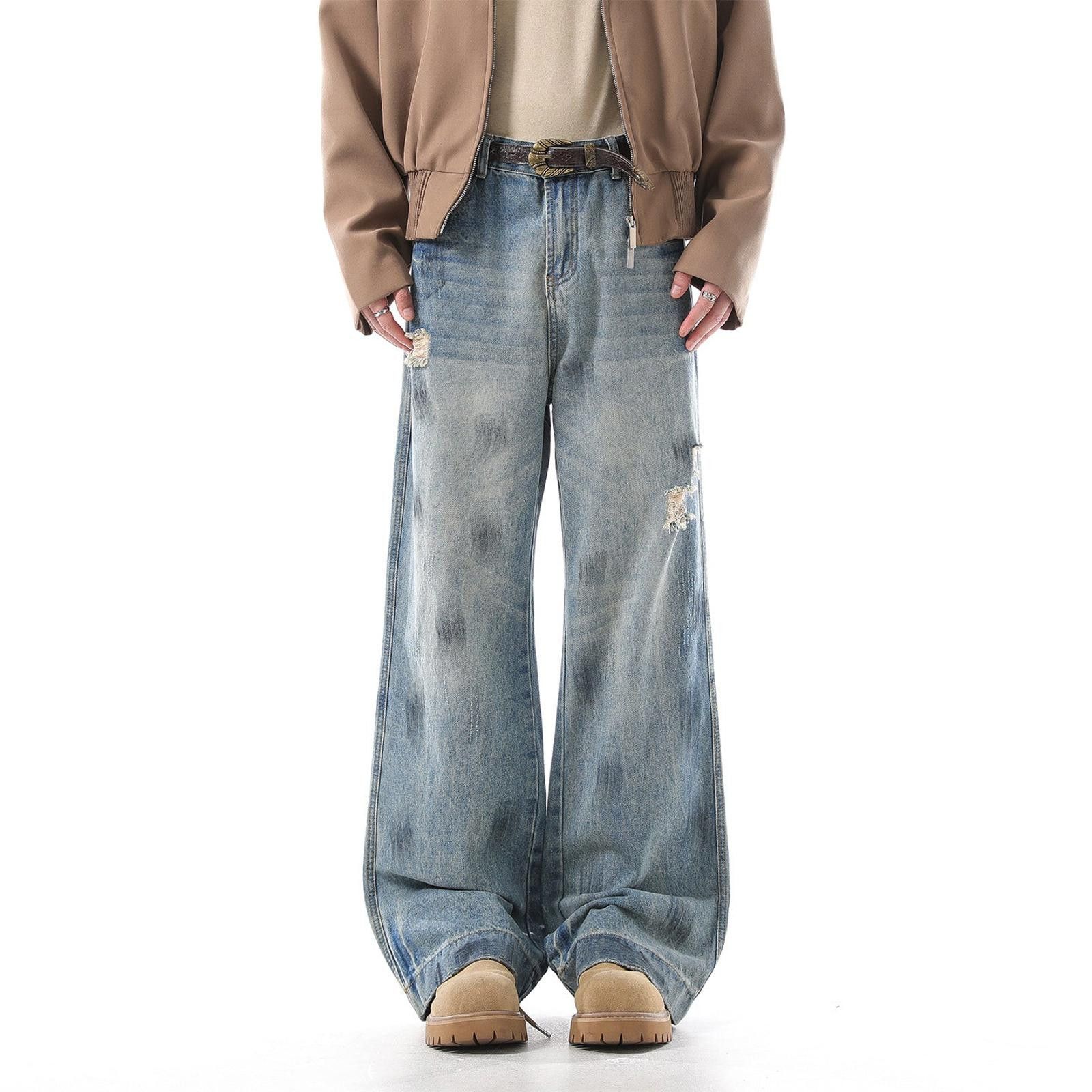 Vintage Light Blue Distressed Wide Leg Jeans, Baggy Denim Pants Size US 32 / EU 48 - 2 Thumbnail