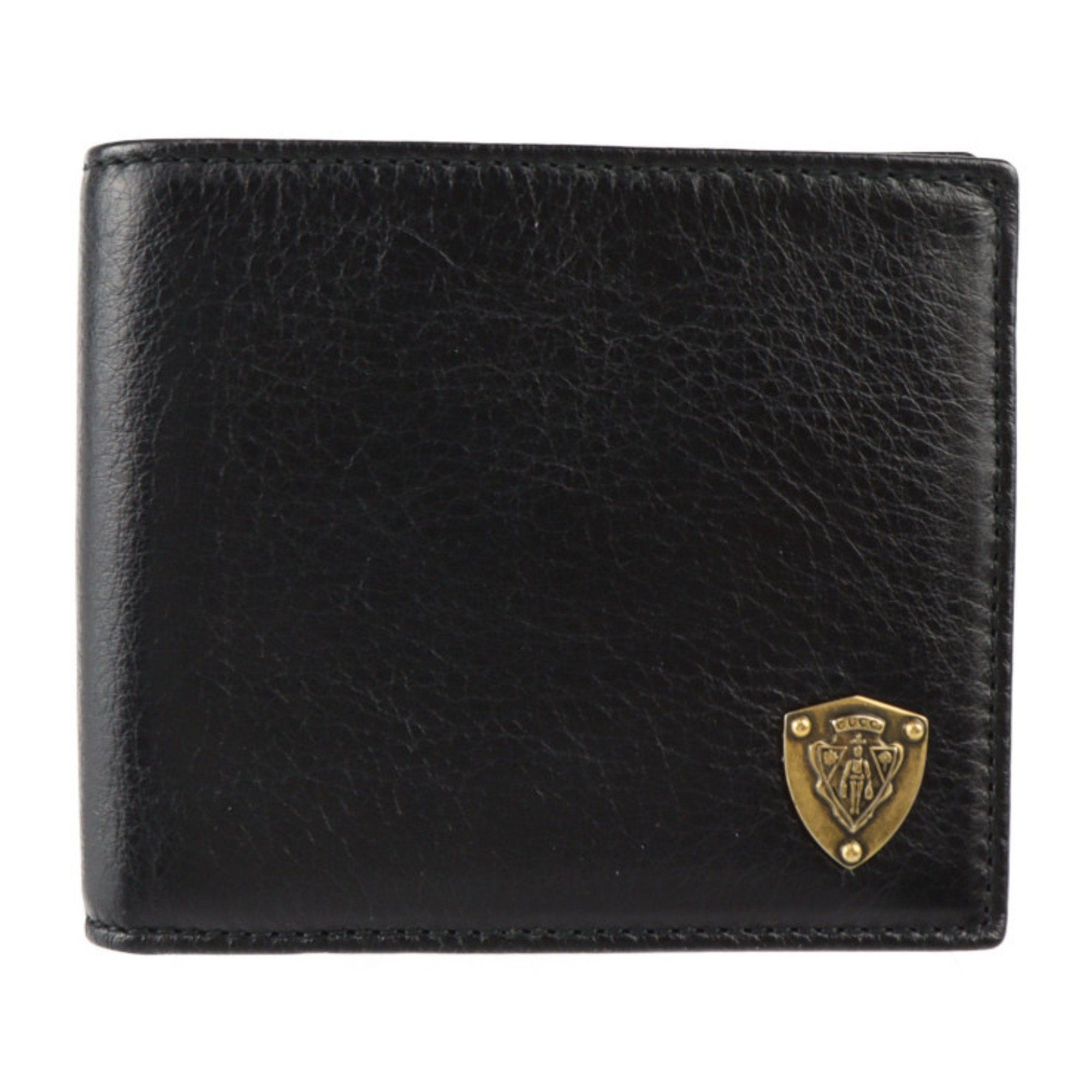 image of Gucci Billfold Crest Bifold Wallet 203601 Leather Black Gold Hardware, Women's