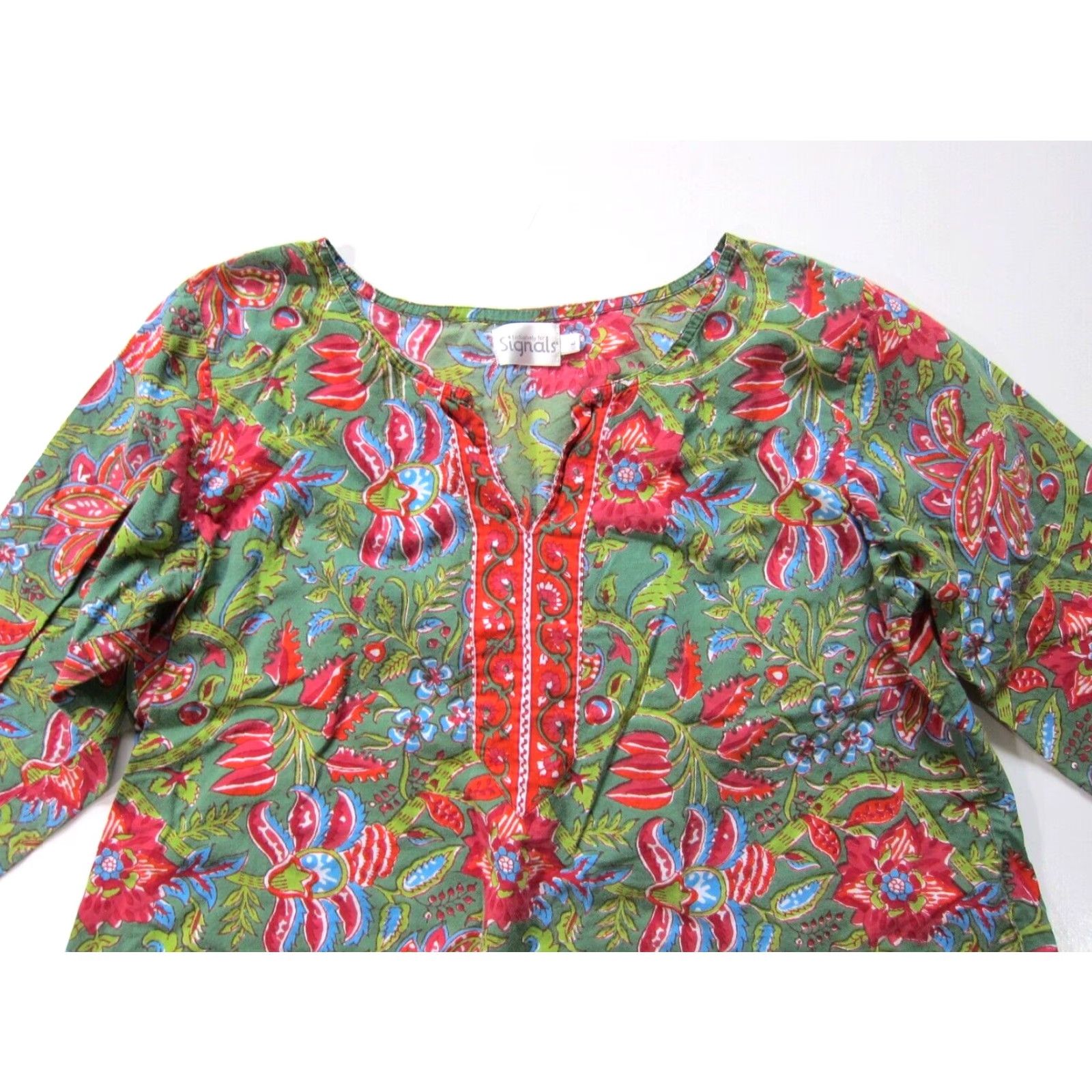 Pinko VINTAGE Signals Cotton Green Pink Blue Floral Paisley Asymmetric Tunic Peasant Blouse L Size L / US 10 / IT 46 - 5 Thumbnail