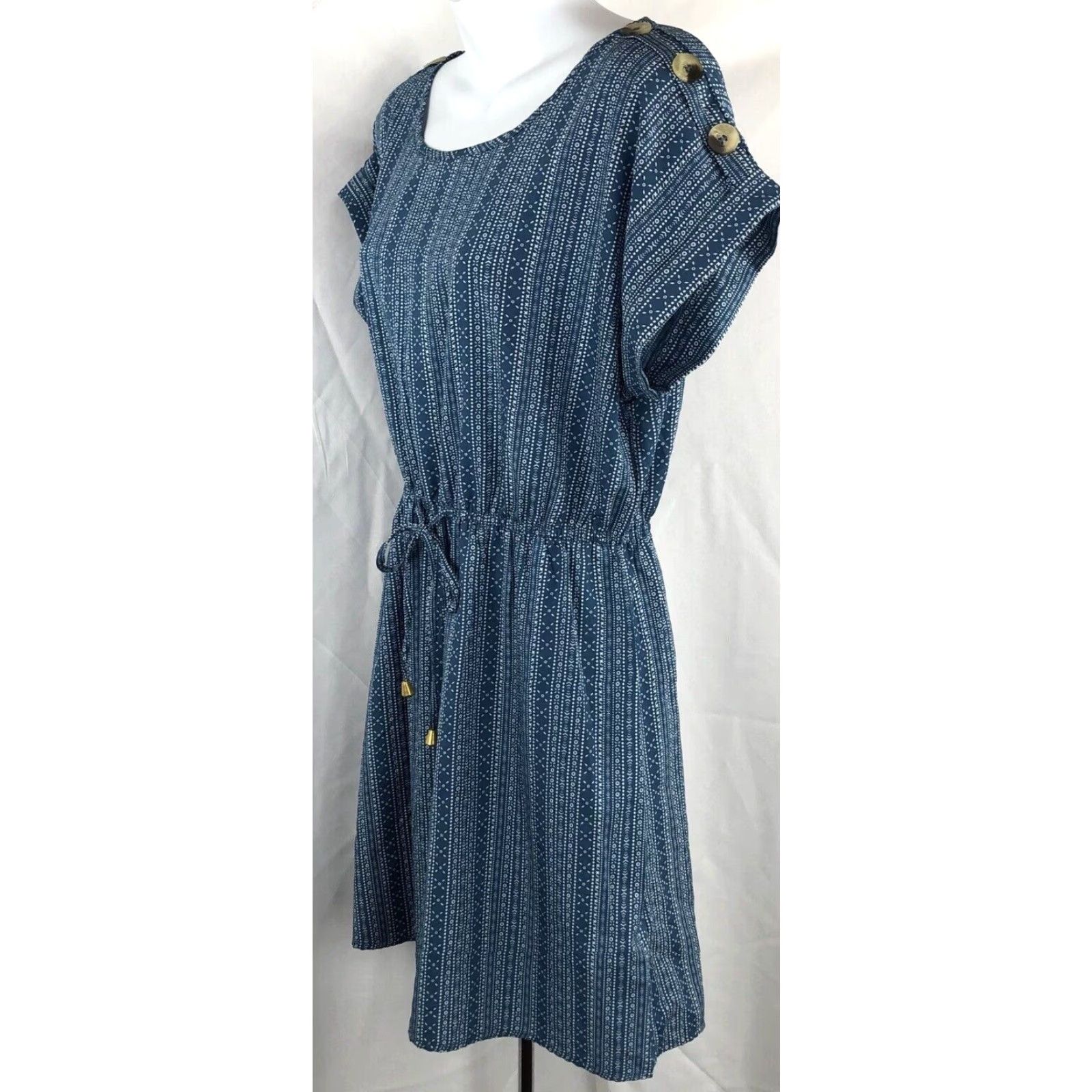 Vintage Indulge Shirt Dress L Blue Geometric Drawstring Waist ScoopNeck Cuff ShortSleeve Size L / US 10 / IT 46 - 2 Thumbnail