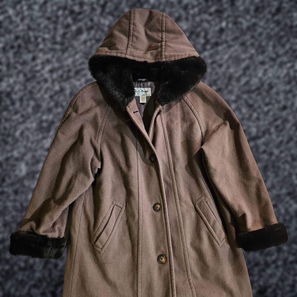 VINTAGE L.L. Bean Coat Wool & Alpaca Long Faux Fur Hooded Overcoat Womens Medium Brown Long