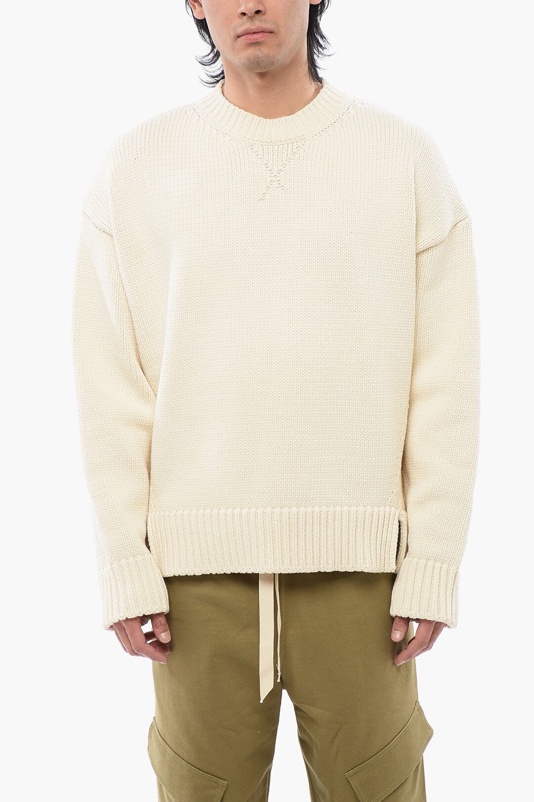 Jil Sander og1mm0625 Crewneck Chunky Cotton Blend Sweater in Off White Size US M / EU 48-50 / 2 - 1 Thumbnail