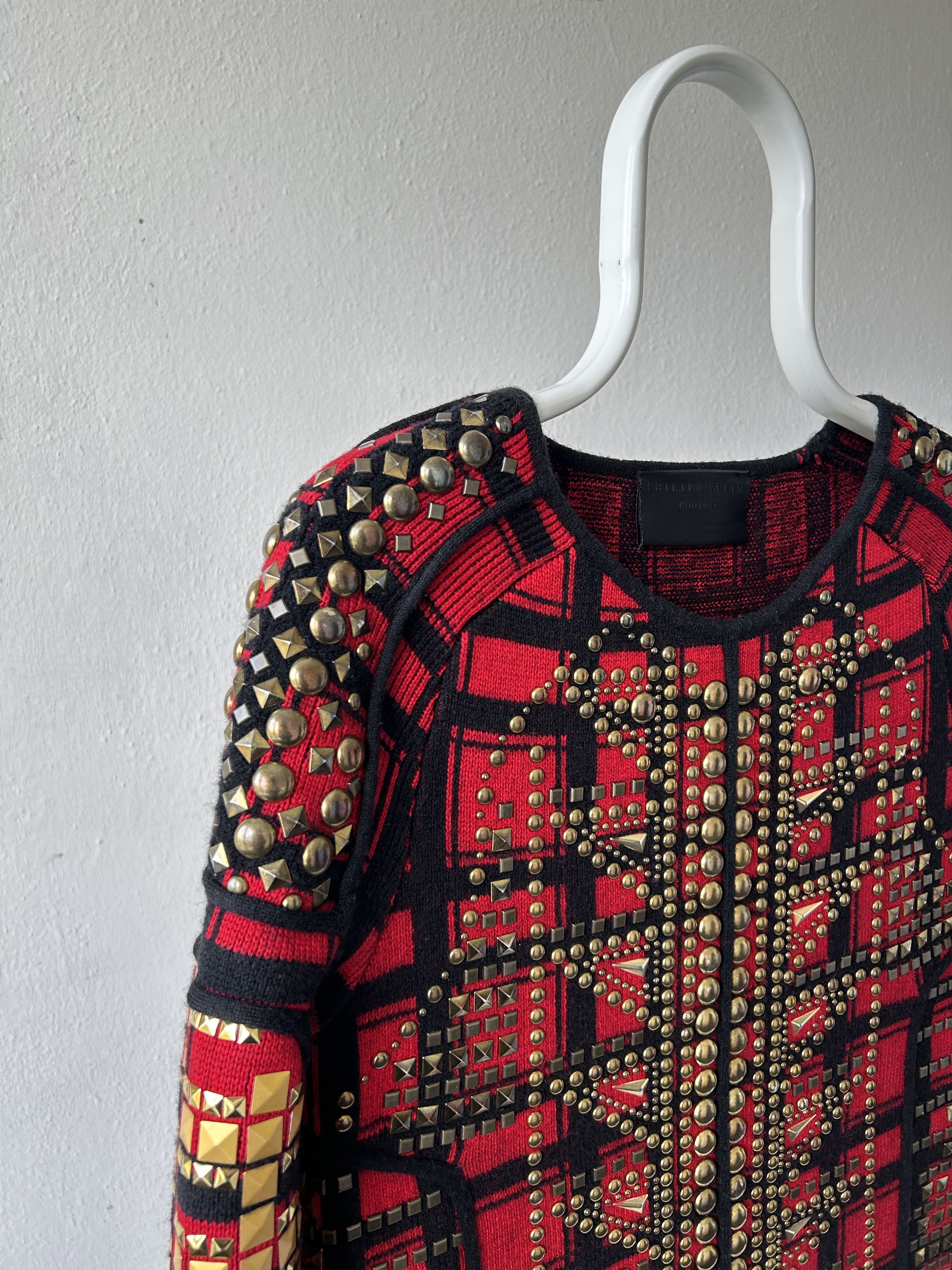 AW14 runway Philipp Plein studded check wool knit mini dress