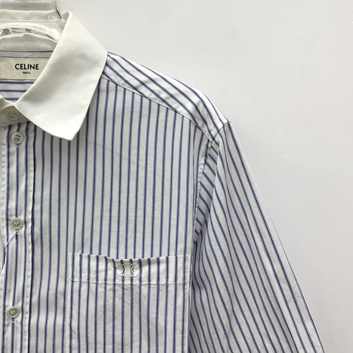 Celine Celine Light Blue Vertical Striped Short Sleeve Shirt K26WX Size XS / US 0-2 / IT 36-38 - 3 Thumbnail