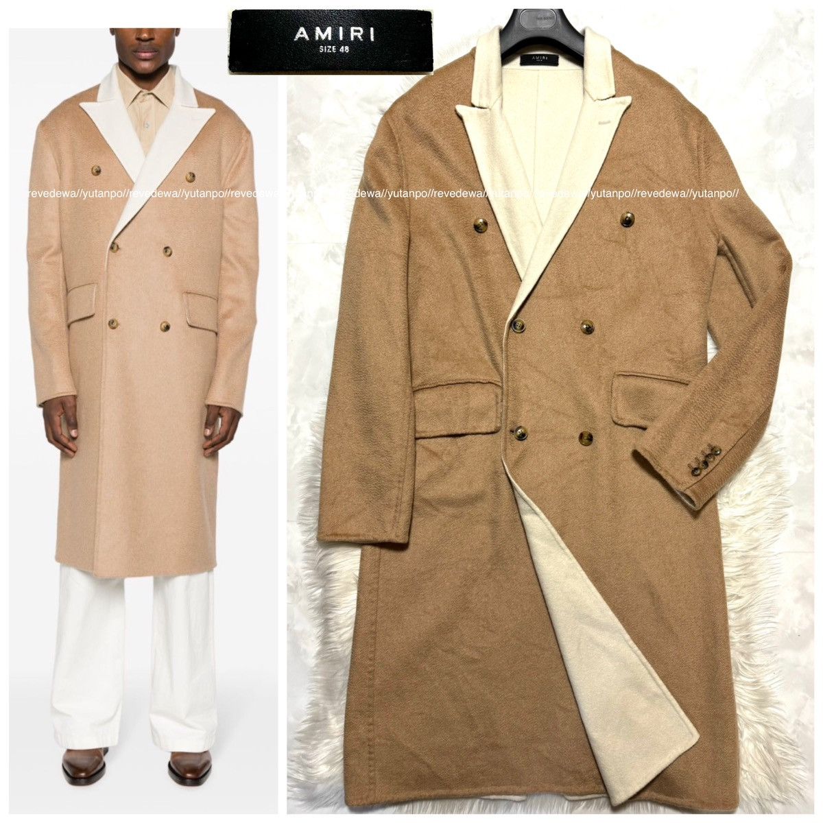 image of Amiri Cashmere Wool Double Breasted Bicolor Long Jacket Coat in Beige, Men's (Size Medium)