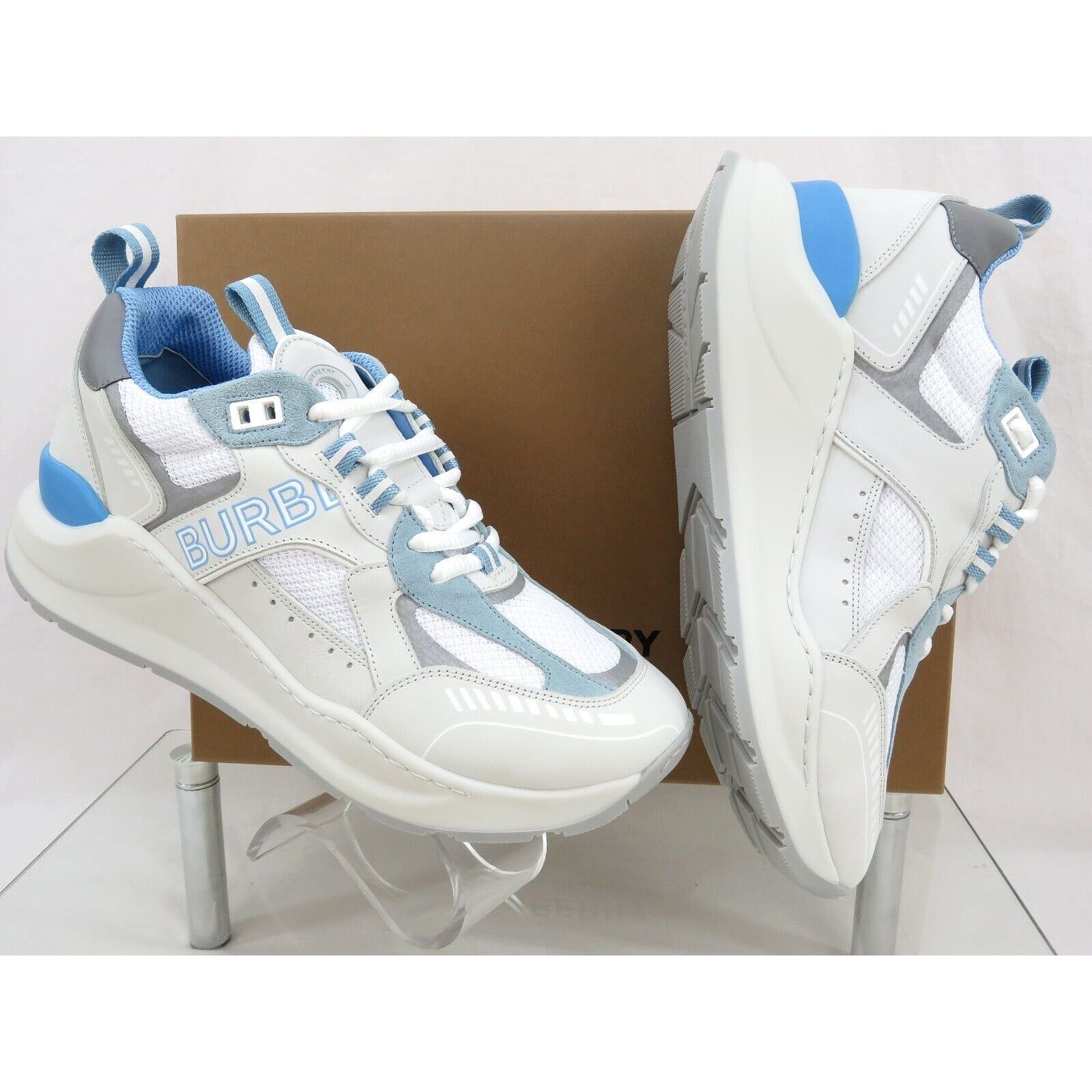 Burberry SEAN WHITE SUEDE MESH PALE BLUE LOGO LOW SNEAKERS 41 US 8 Size US 8 / EU 41 - 11 Thumbnail