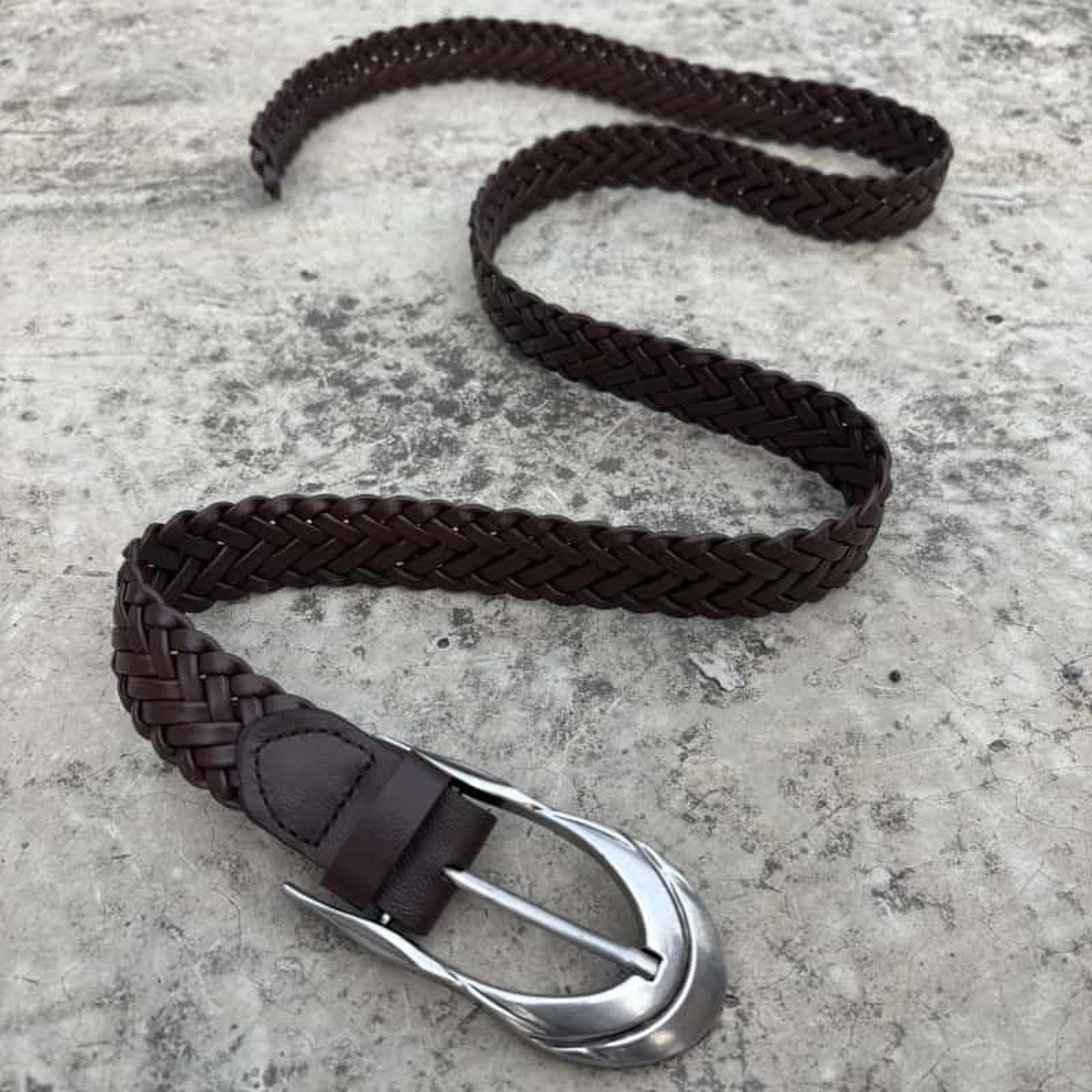 Japanese Brand Woven Leather Belt – Shaped Silver Buckle, Unisex Size ONE SIZE - 2 Thumbnail