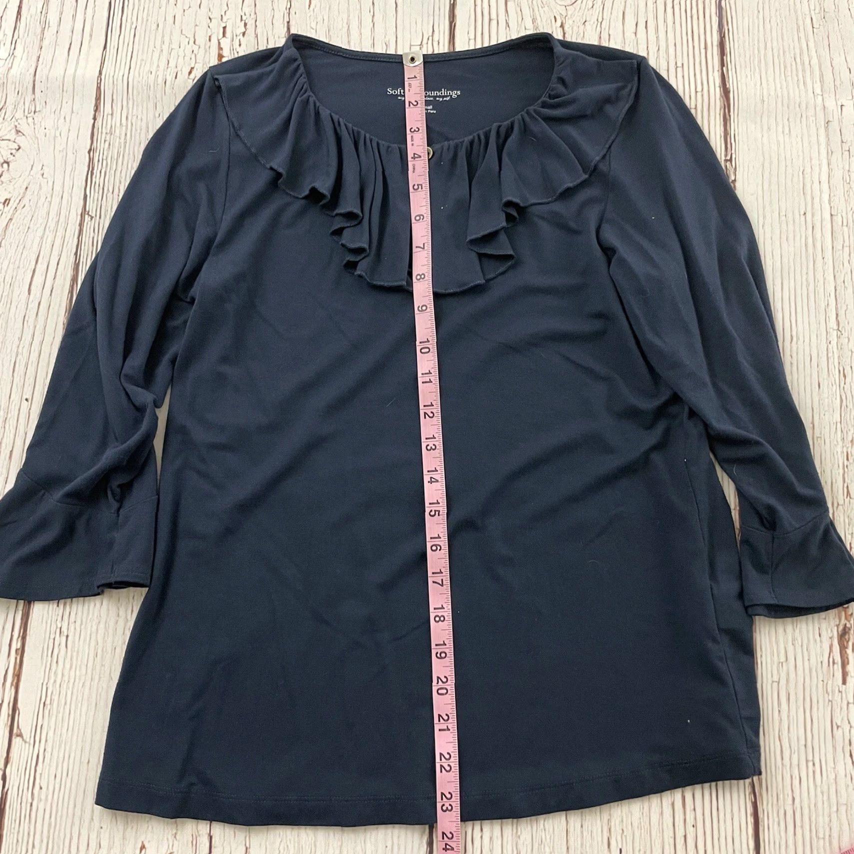 Soft Surroundings Soft Surroundings Blouse 3/4 Sleeve Ruffle XS Navy Blue Women Solid Shirt VINTAGE? Size XS / US 0-2 / IT 36-38 - 3 Thumbnail